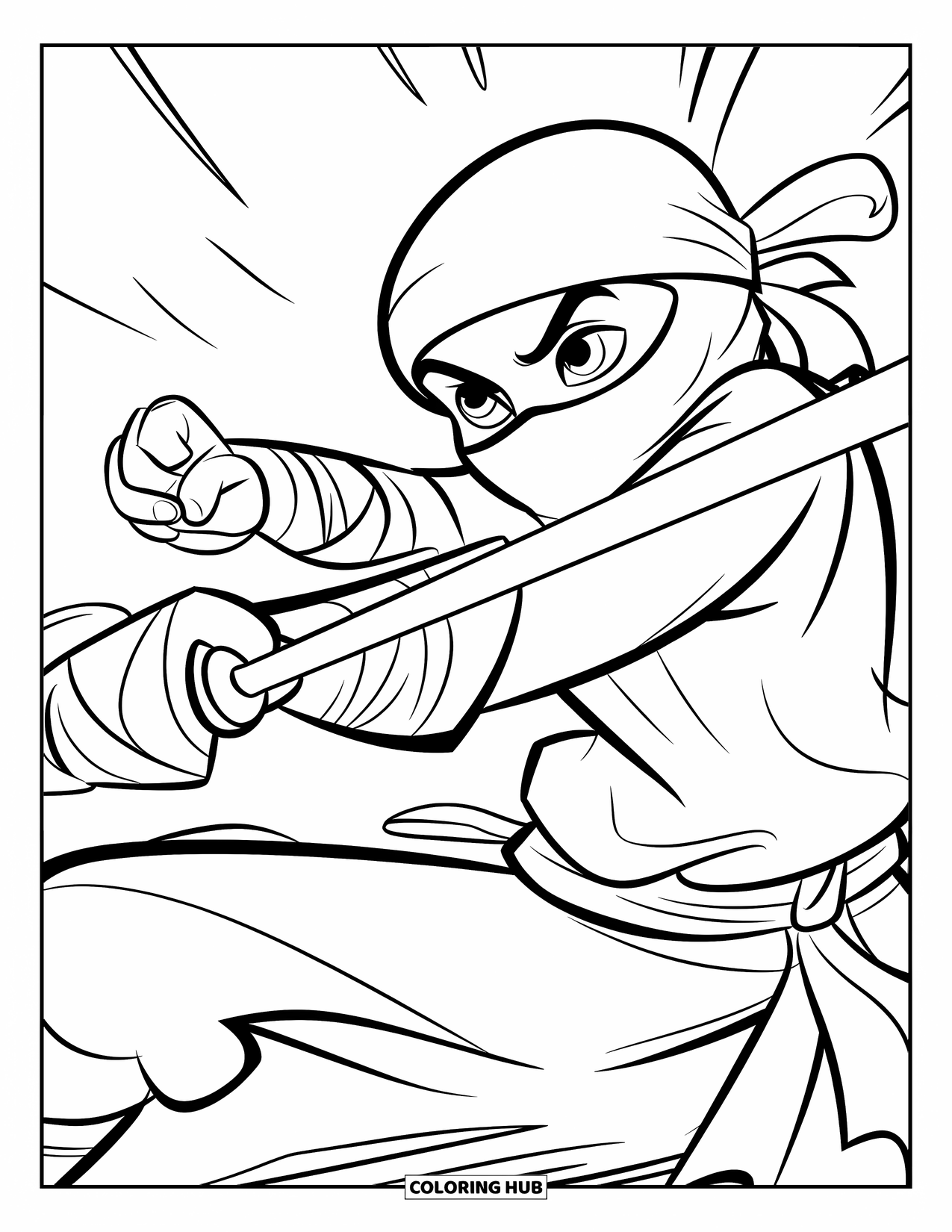 Ninja Coloring Page for Kids: A ninja in a traditional outfit blocks a strike and counters with a swift punch