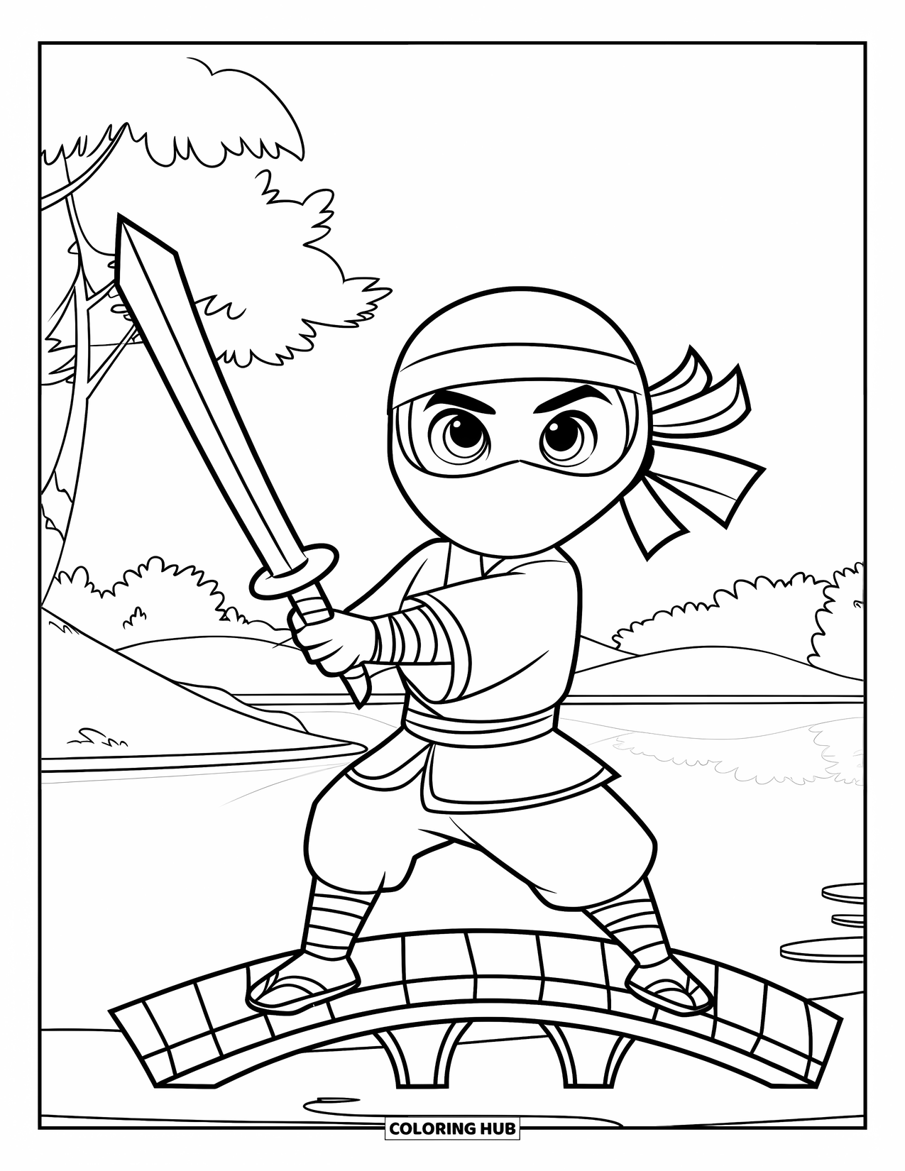 Ninja Coloring Page for Kids: A ninja in a traditional outfit stands on a bridge, gripping a toy sword over calm waters