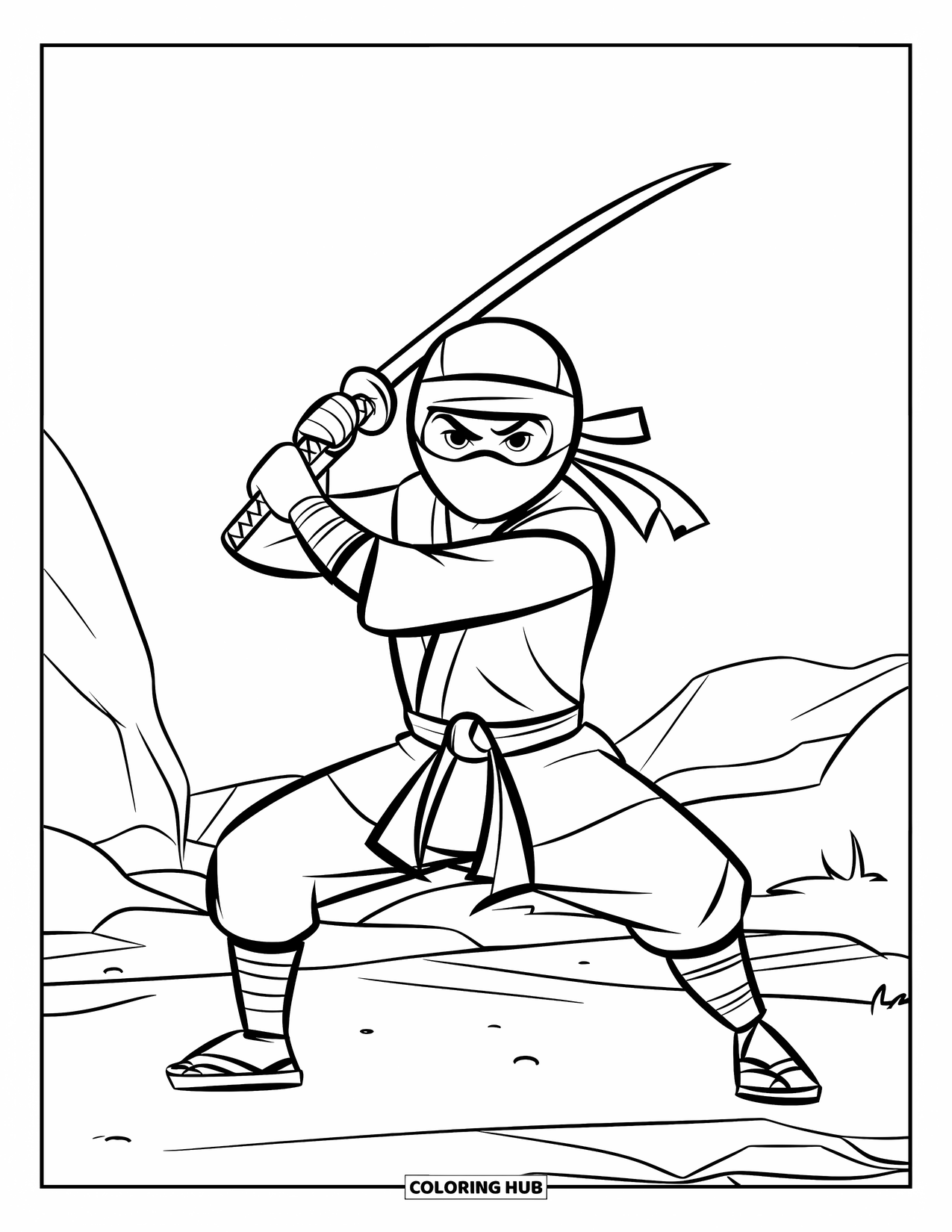 Ninja Coloring Page for Kids: A ninja in a white sash holds a katana, standing in a rocky and minimalistic setting
