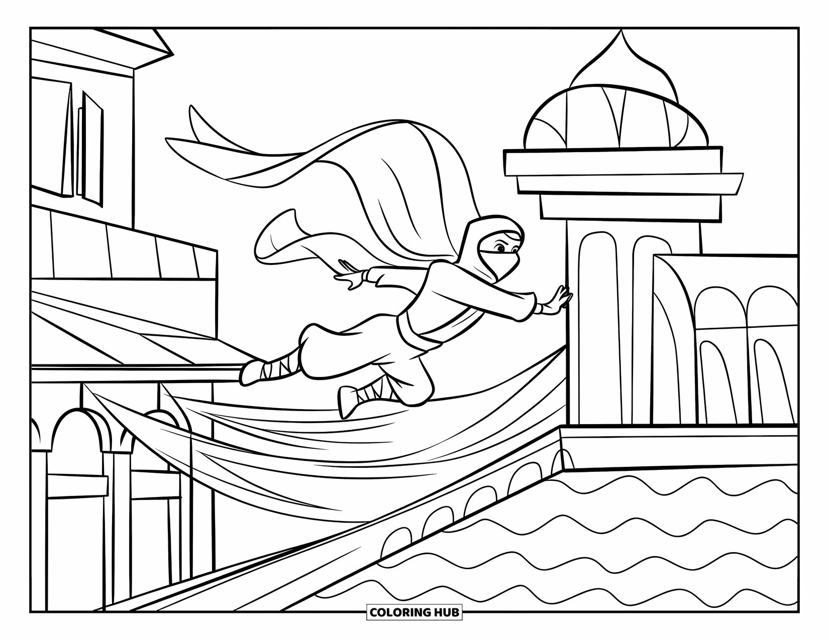 Ninja Coloring Page for Kids: A ninja jumps between buildings with bold arches and columns, their cloth swaying in motion