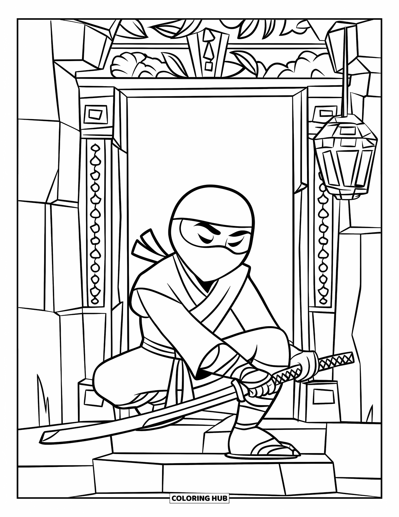 Ninja Coloring Page for Kids: A ninja kneels by a temple entrance, hand on their sword, a lantern glowing nearby