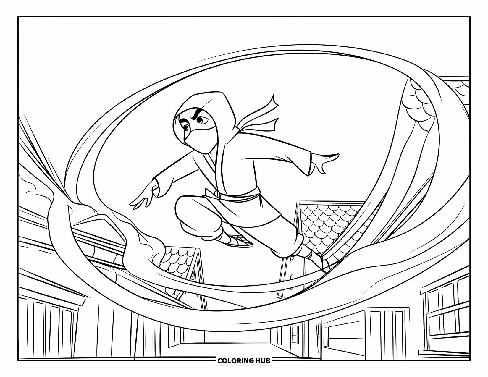 Ninja Coloring Page for Kids: A ninja leaps between rooftops, their cloth trailing behind, with unique buildings in the background