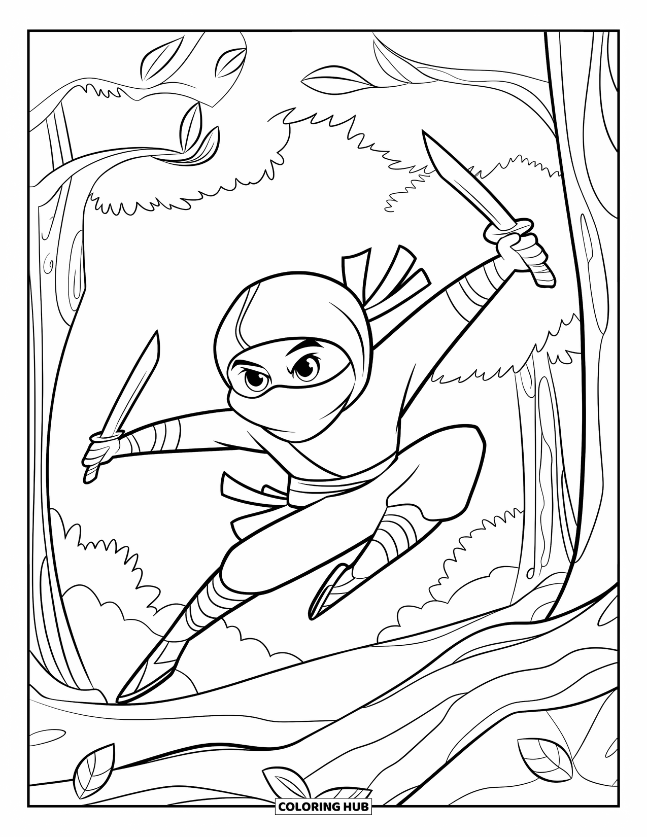 Ninja Coloring Page for Kids: A ninja leaps between tree branches, gripping short blades in both hands