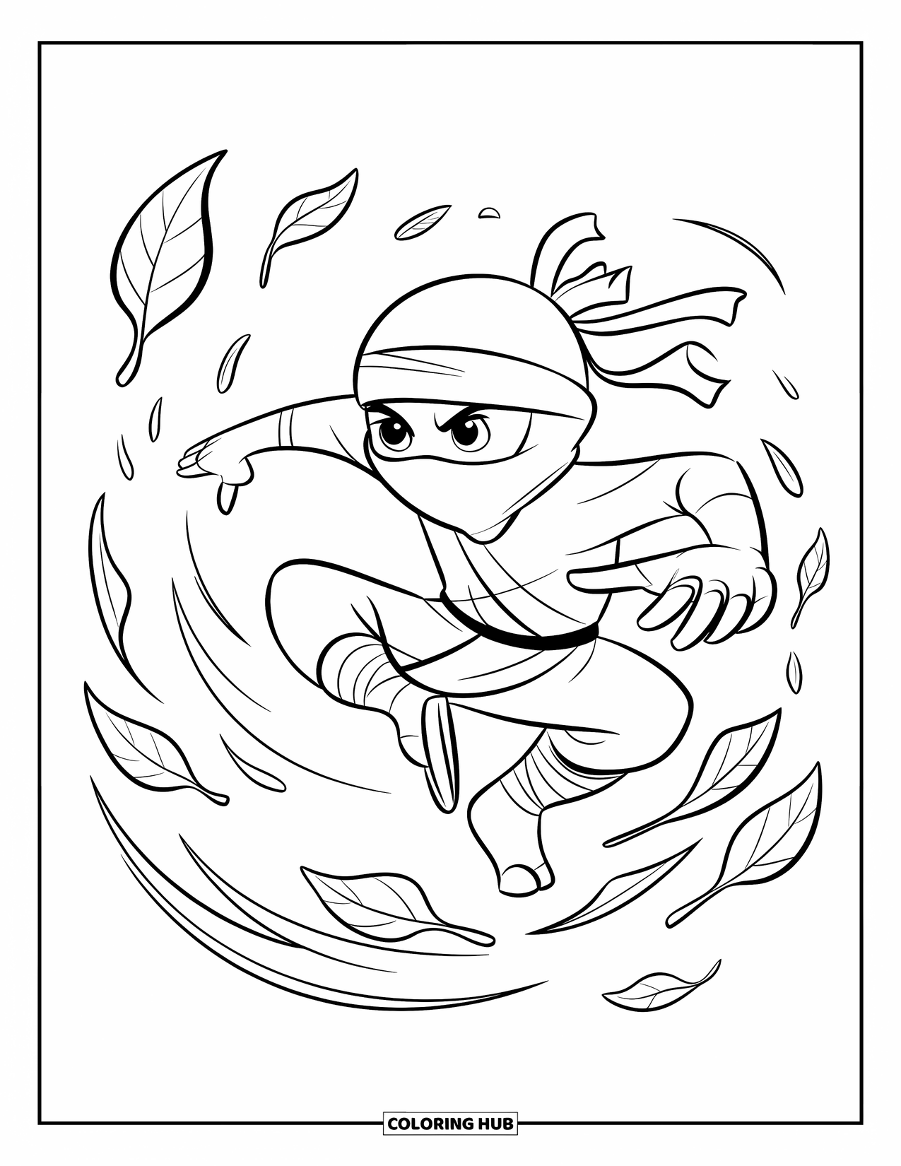 Ninja Coloring Page for Kids: A ninja moves swiftly, dodging floating leaves, with a white background highlighting the motion