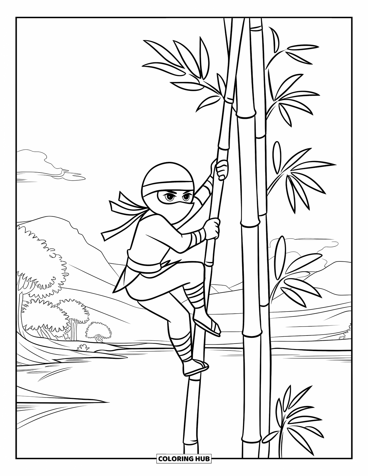 Ninja Coloring Page for Kids: A ninja scales a bamboo stalk, with mountains, trees, and water in the background