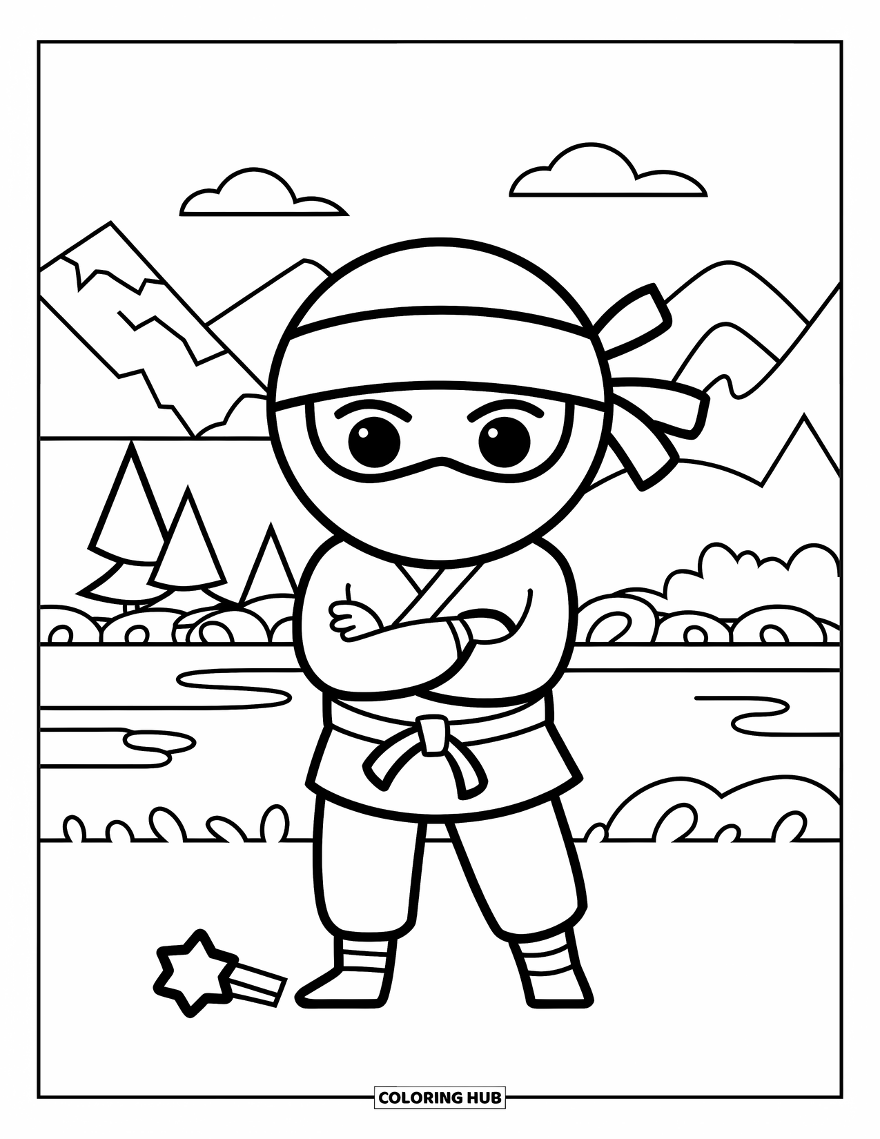 Ninja Coloring Page for Kids: A ninja stands firmly, arms folded, with mountains, trees, and water in the background