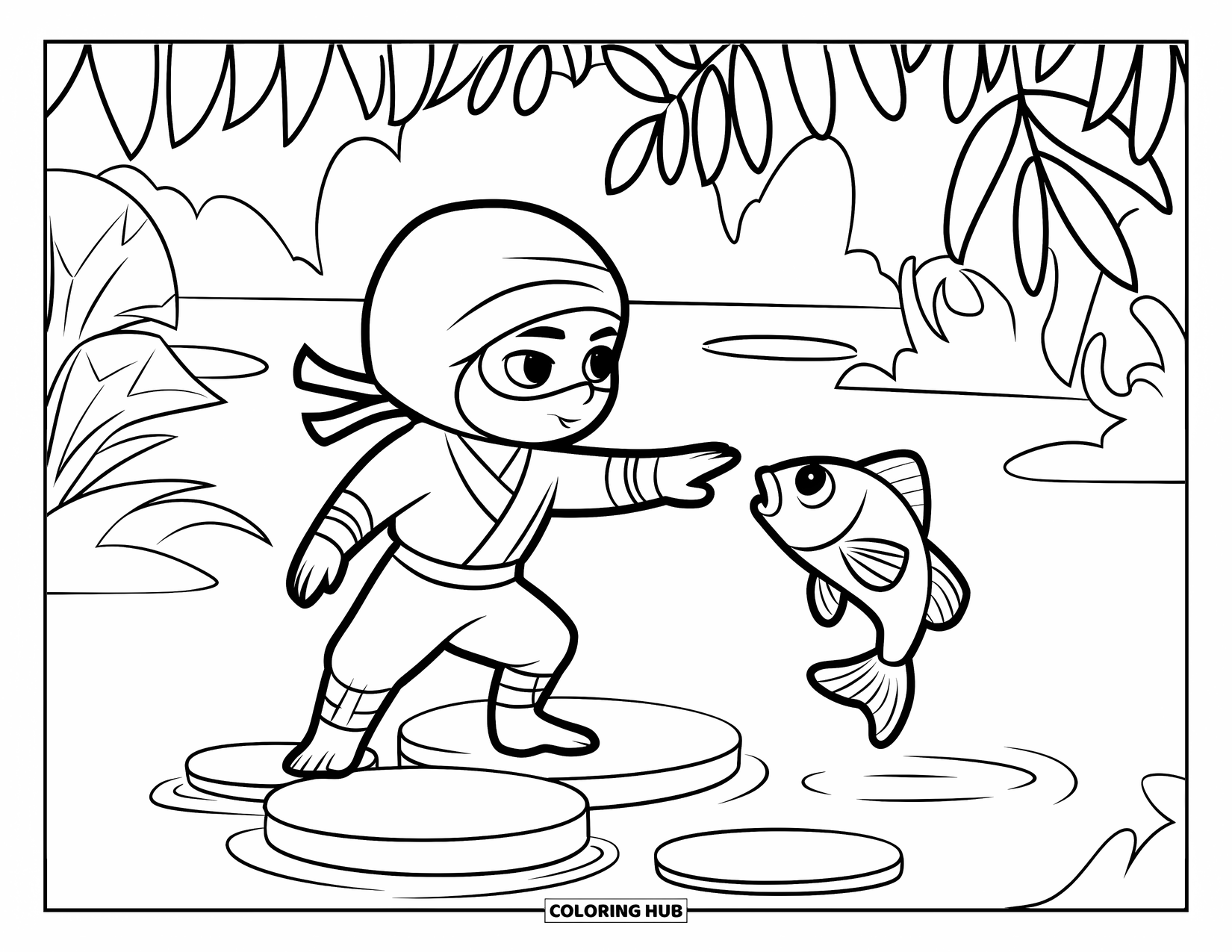 Ninja Coloring Page for Kids: A ninja stands on a stepping stone, reaching out to a jumping fish in a peaceful pond