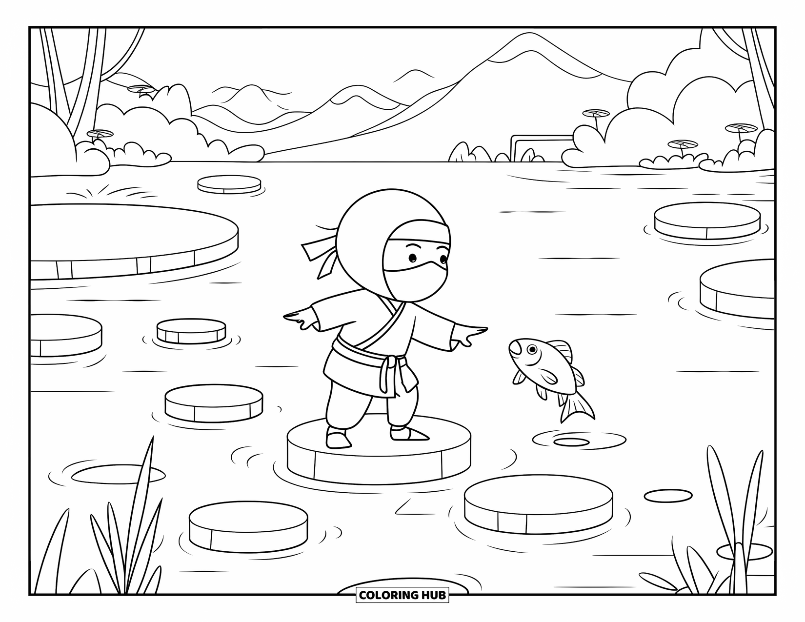 Ninja Coloring Page for Kids: A ninja stands on a stone, reaching for a fish, with lily pads and more stones around them