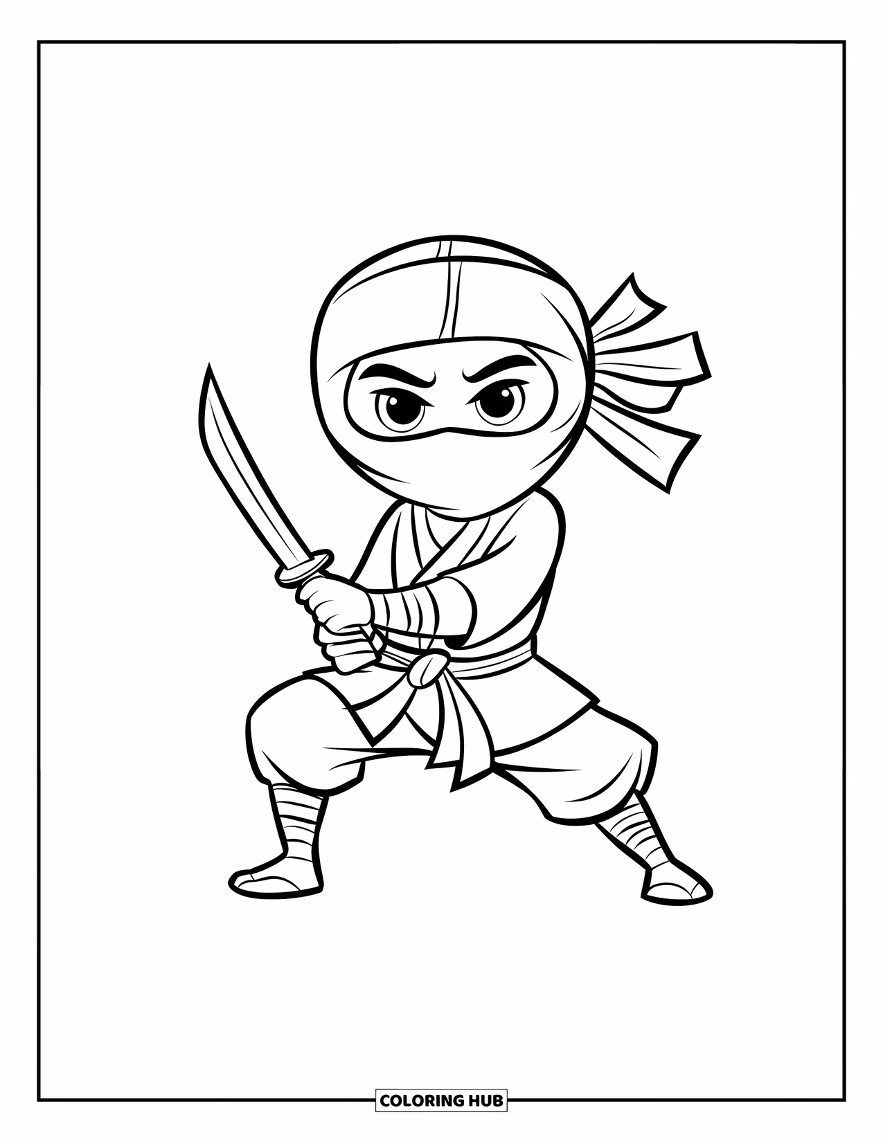 Ninja Coloring Page for Kids: A ninja with a traditional mask stands poised, dagger in hand, against a blank background