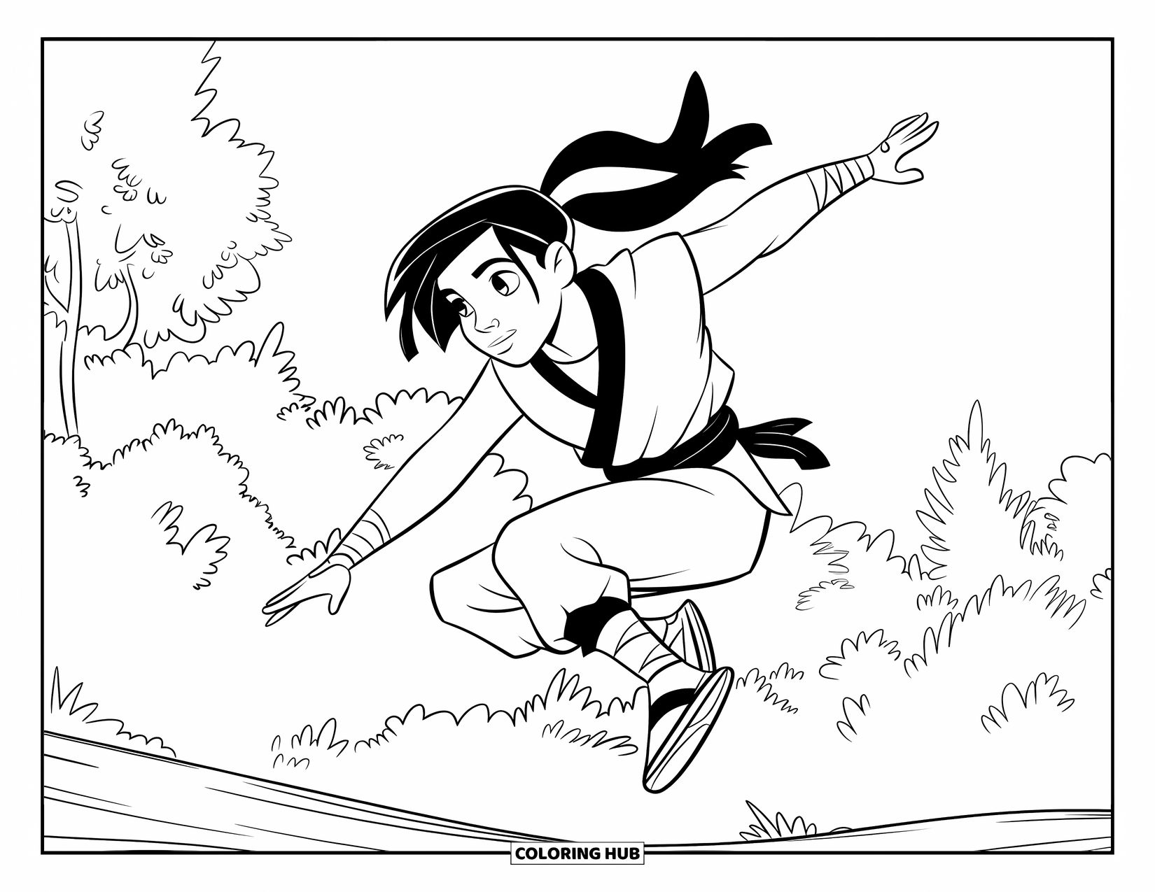 Ninja Coloring Page for Kids: A ninja with long hair lands from a jump, balancing in a forest with tall trees