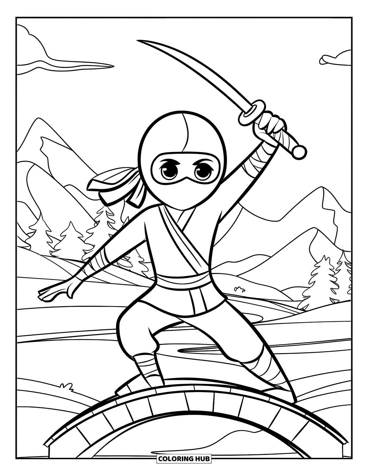 Ninja Coloring Page for Kids: A playful ninja poses with a toy sword on a bridge, surrounded by mountains and trees