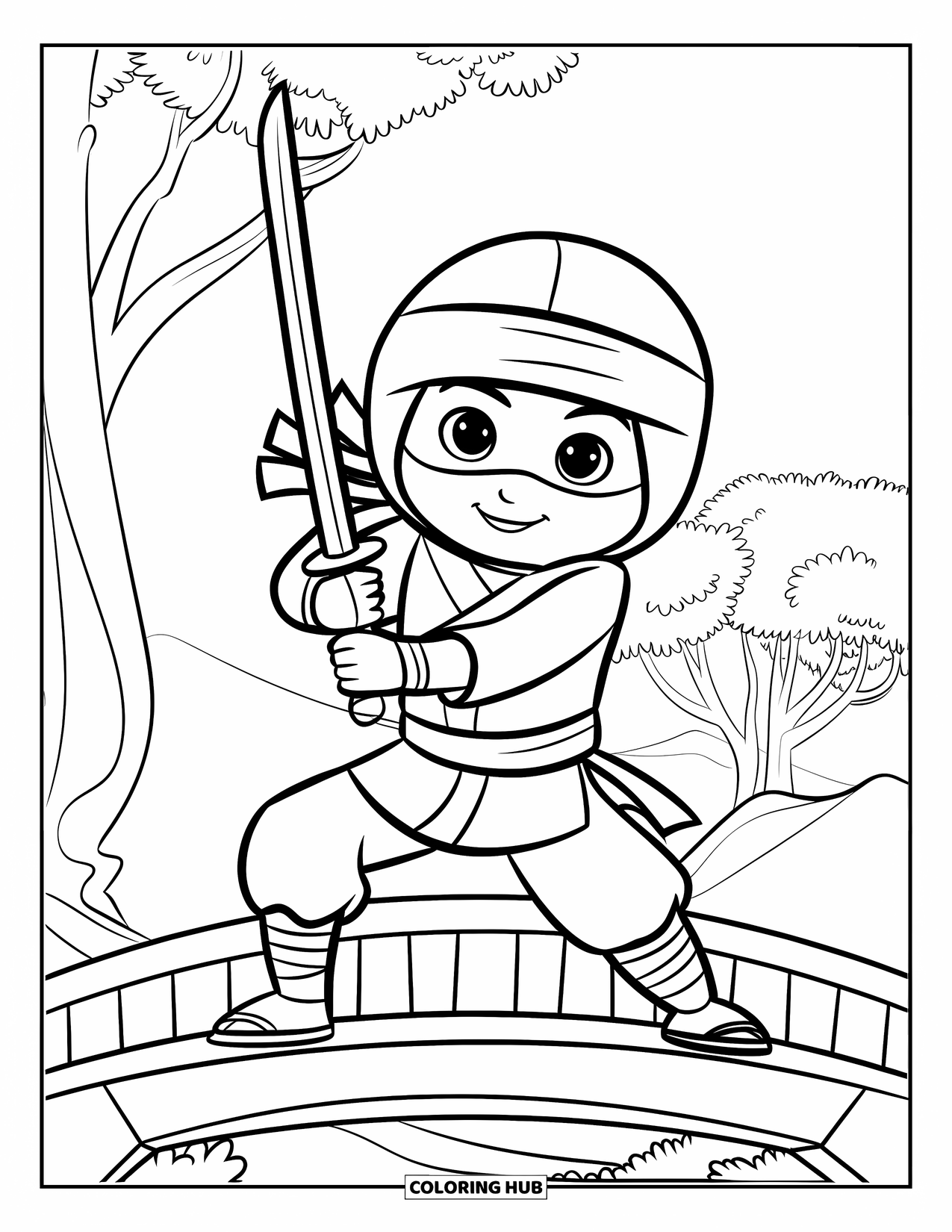 Ninja Coloring Page for Kids: A smiling ninja in a hood stands on a bridge, with trees and mountains behind them