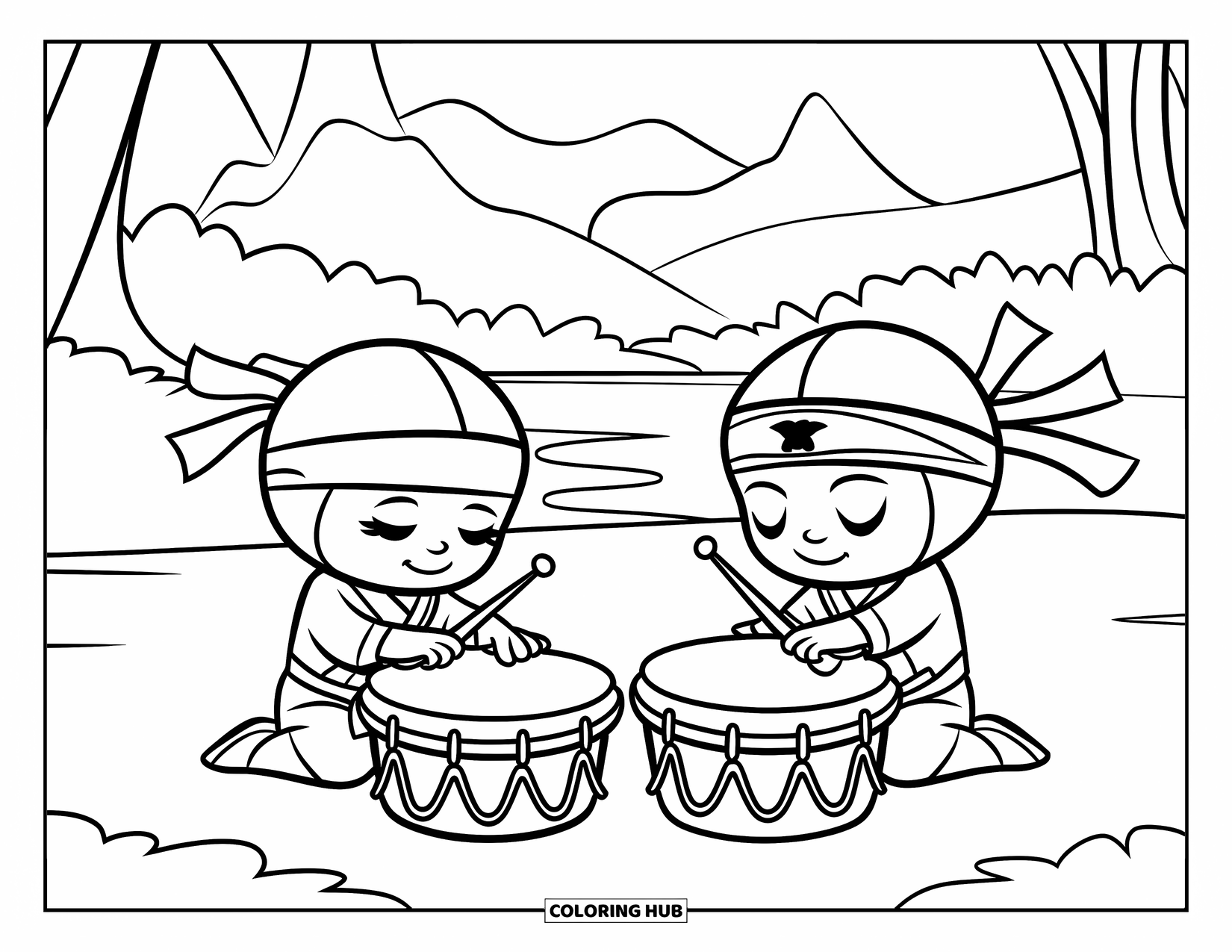 Ninja Coloring Page for Kids: Friendly ninjas sit on the ground, tapping drums near mountains, trees, and a body of water