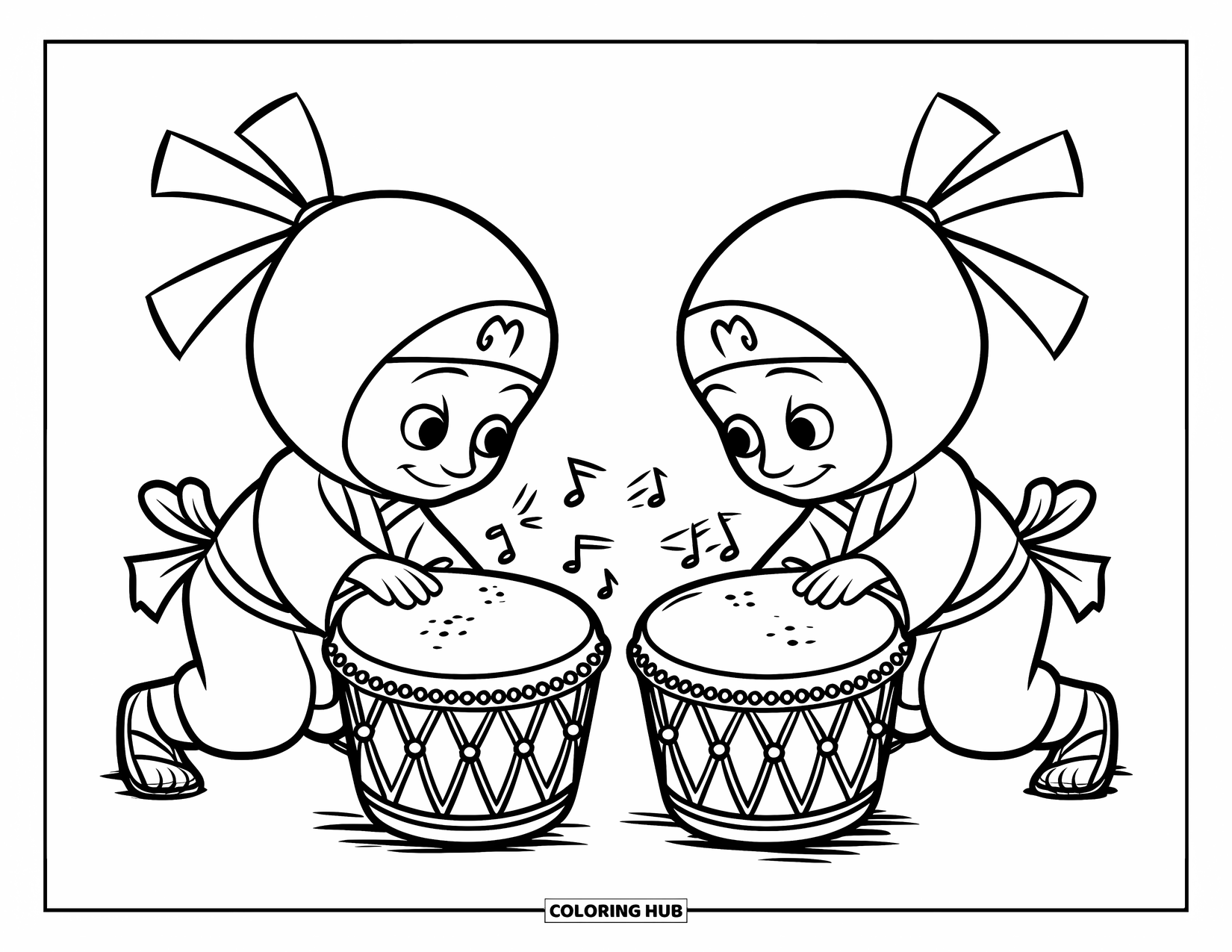 Ninja Coloring Page for Kids: Tiny ninjas with sashes tap large drums, their scene set against a clean, minimal backdrop