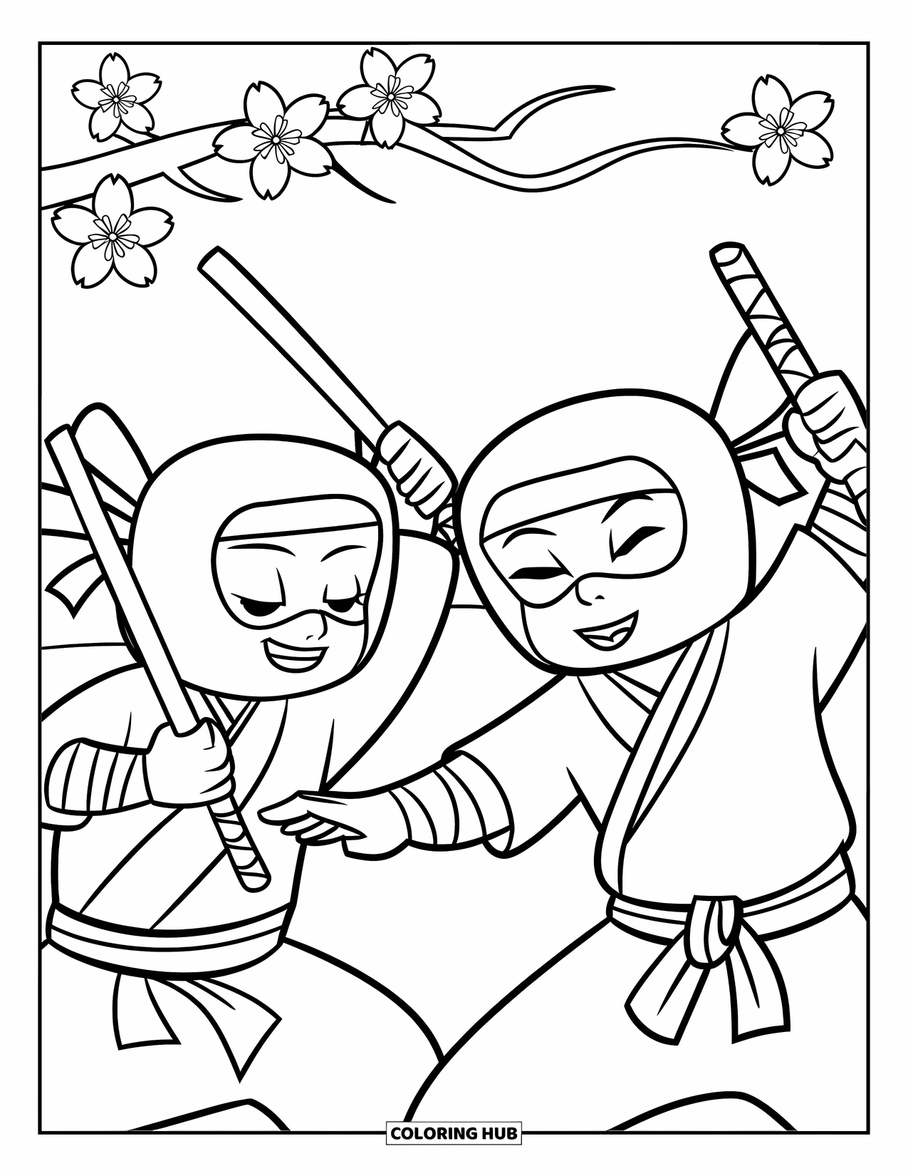 Ninja Coloring Page for Kids: Two ninjas in traditional outfits spar with closed eyes, with cherry blossoms in the background