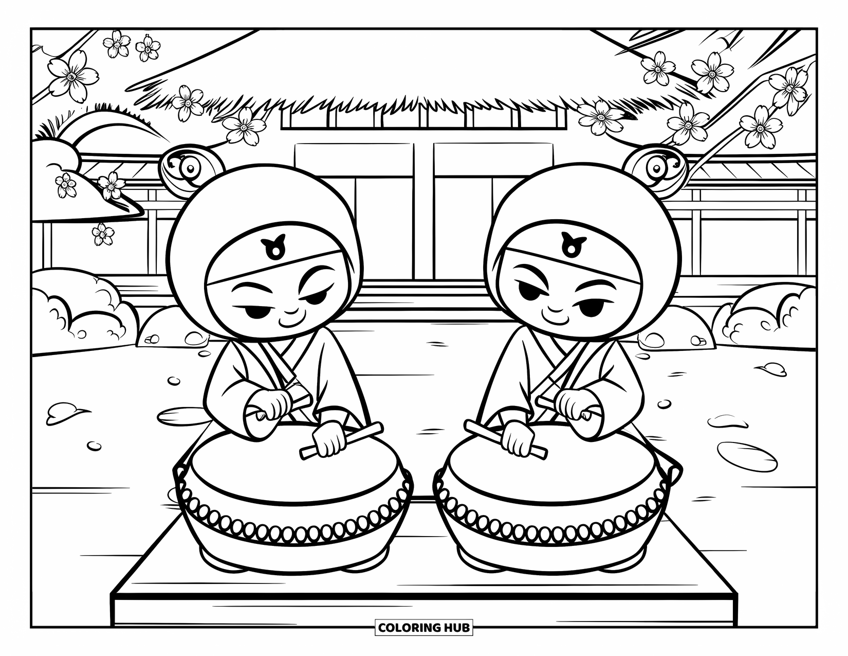 Ninja Coloring Page for Kids: Two tiny ninjas tap large drums, seated in front of a traditional building with cherry blossoms