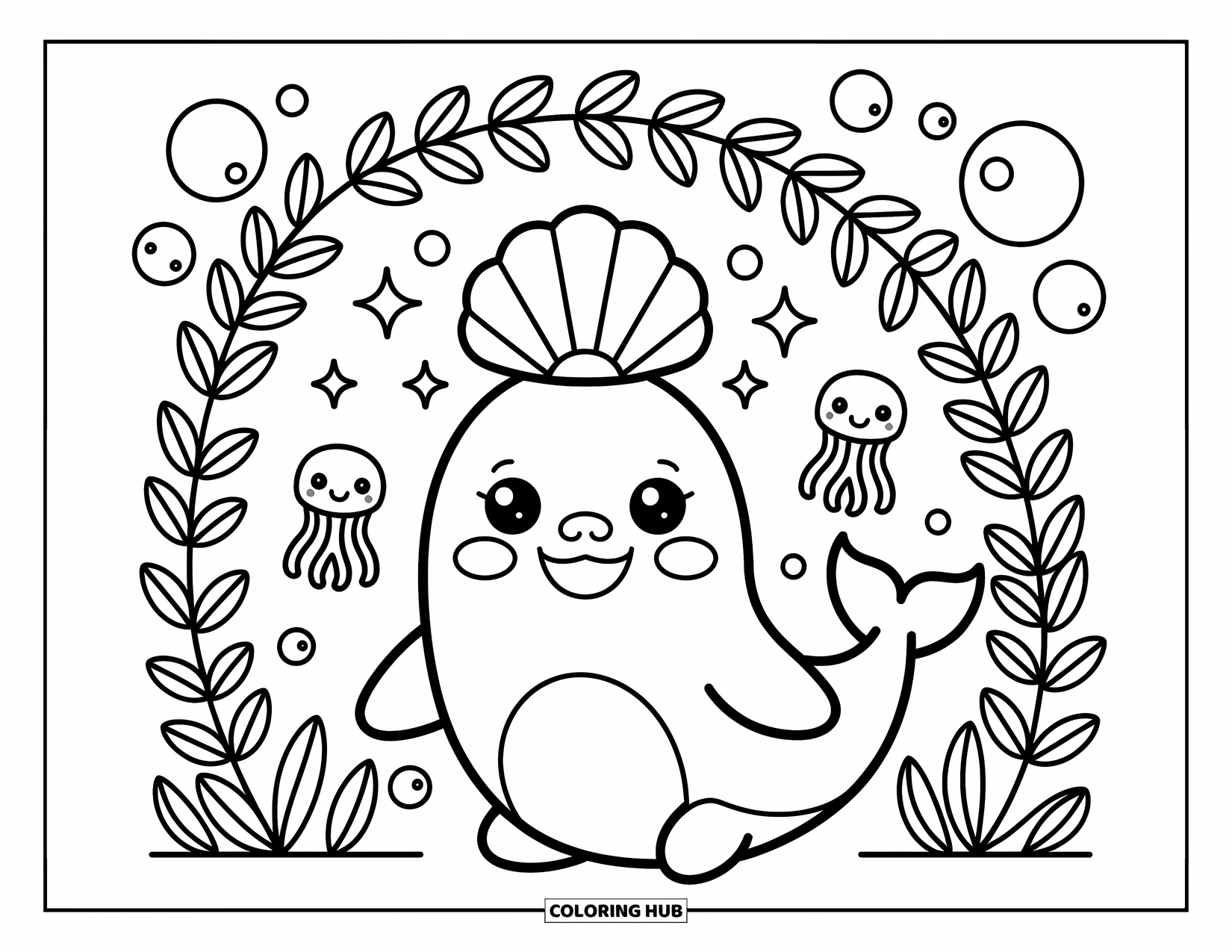 Kolorowanka ze zwierzętami oceanicznymi dla dorosłych: Bieługa nosi muszelkową koronę pod tęczą z wodorostów, a meduzy się przyglądają