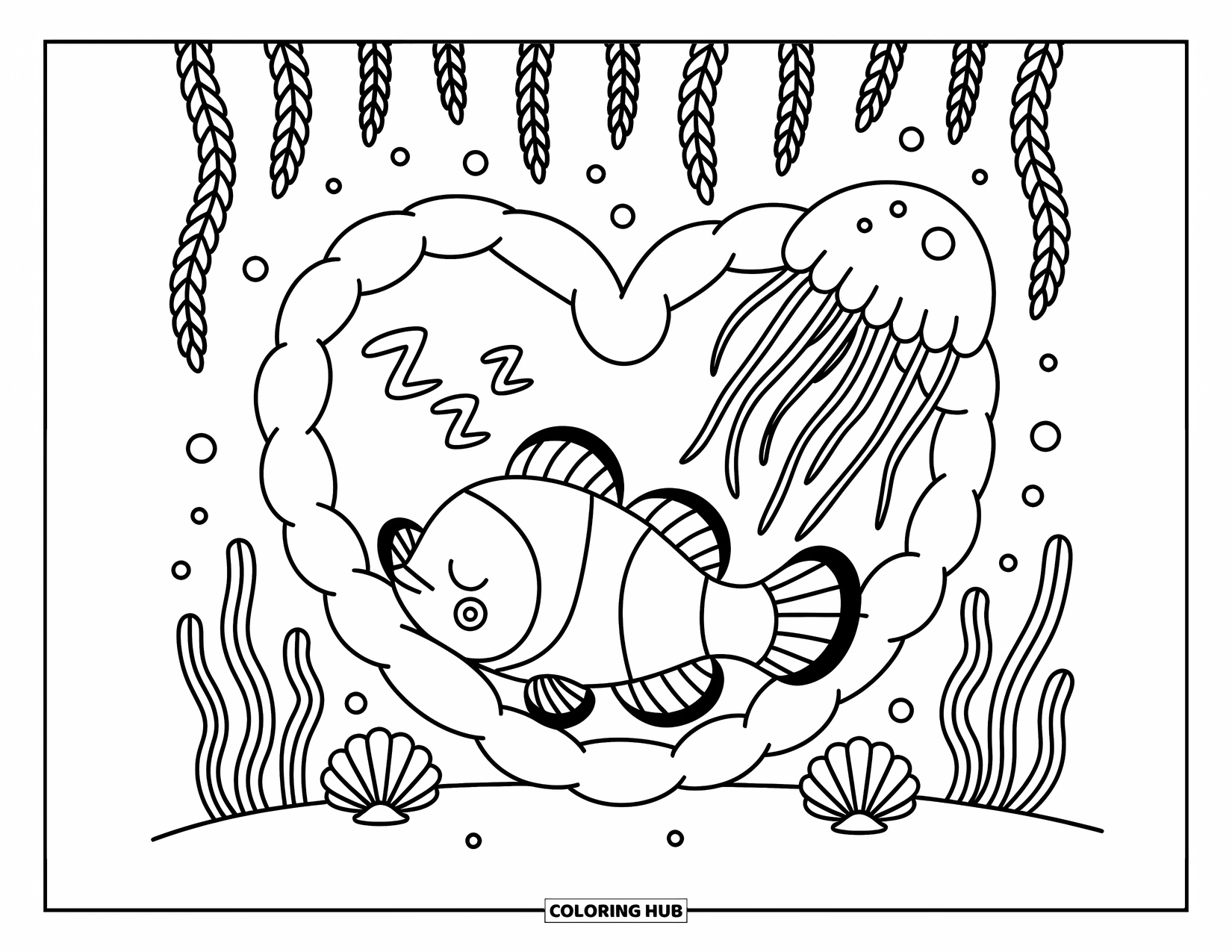 Kolorowanka ze zwierzętami oceanicznymi dla dorosłych: Błazenek drzemie w koralowym zakątku pod zasłonami z wodorostów i światłem meduzy