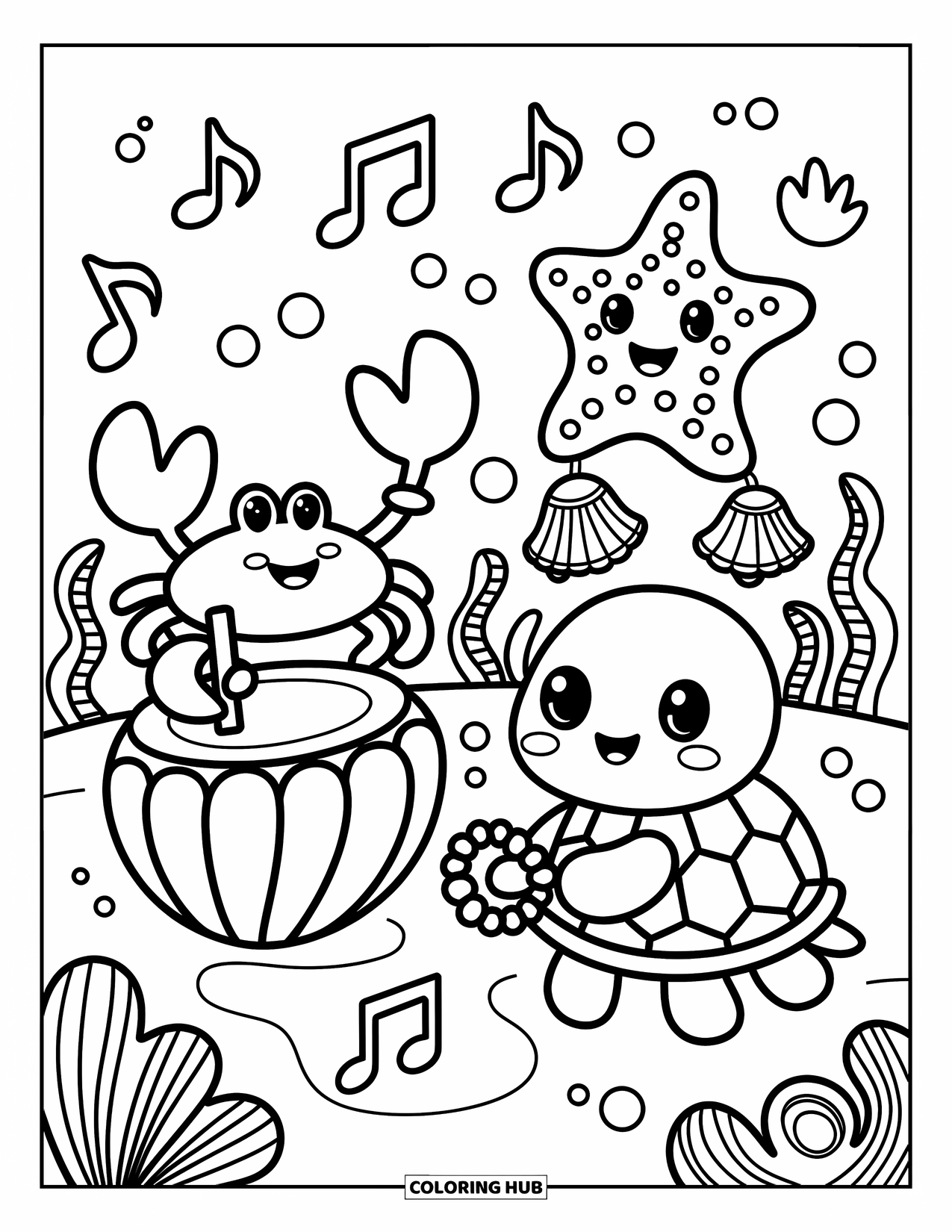 Kolorowanka ze zwierzętami oceanicznymi dla dorosłych: Krab, żółw i rozgwiazda grają muzykę za pomocą muszelek i morskich dzwonków