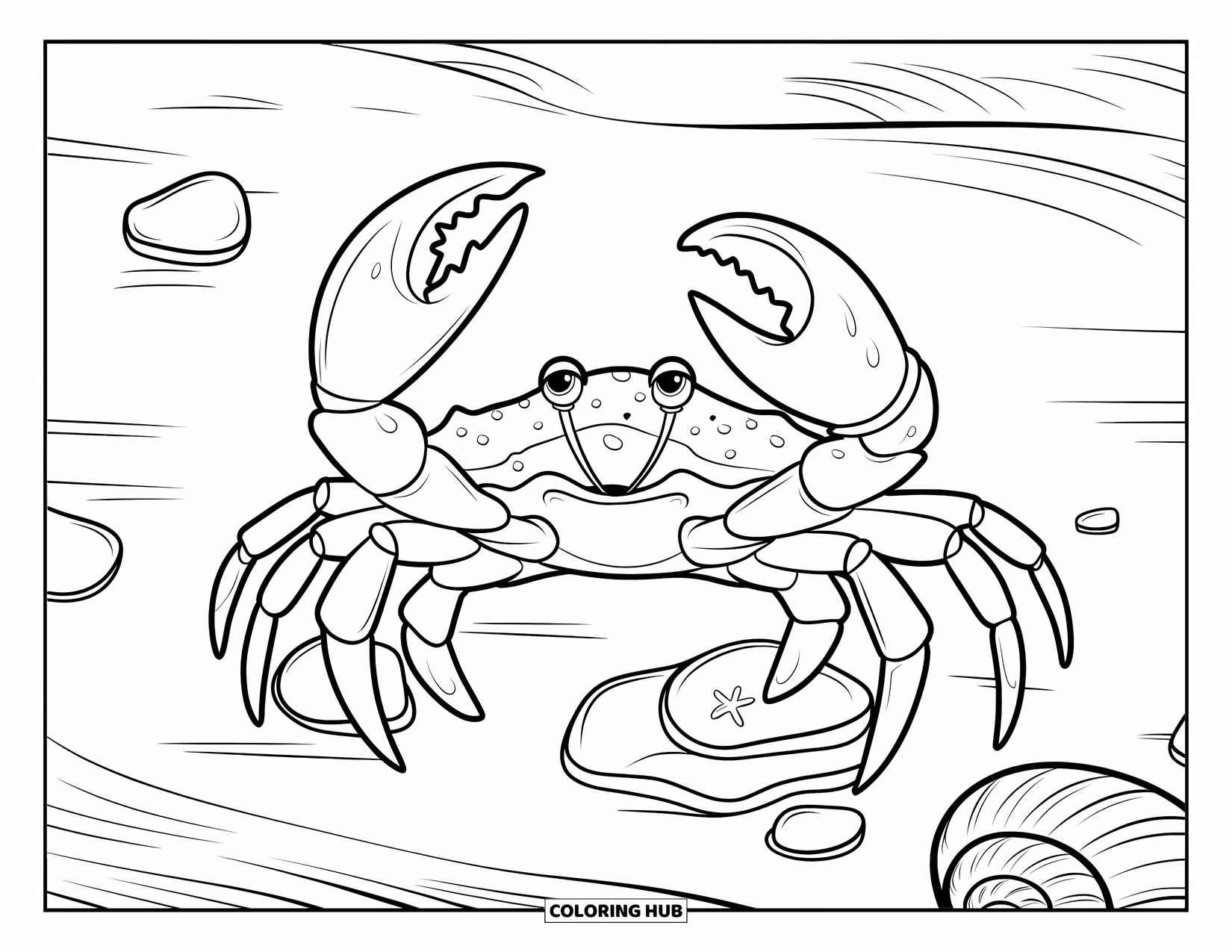 Kolorowanka ze zwierzętami oceanicznymi dla dorosłych: Krab z sercem na skorupie eksploruje plażę pełną muszelek i szkła