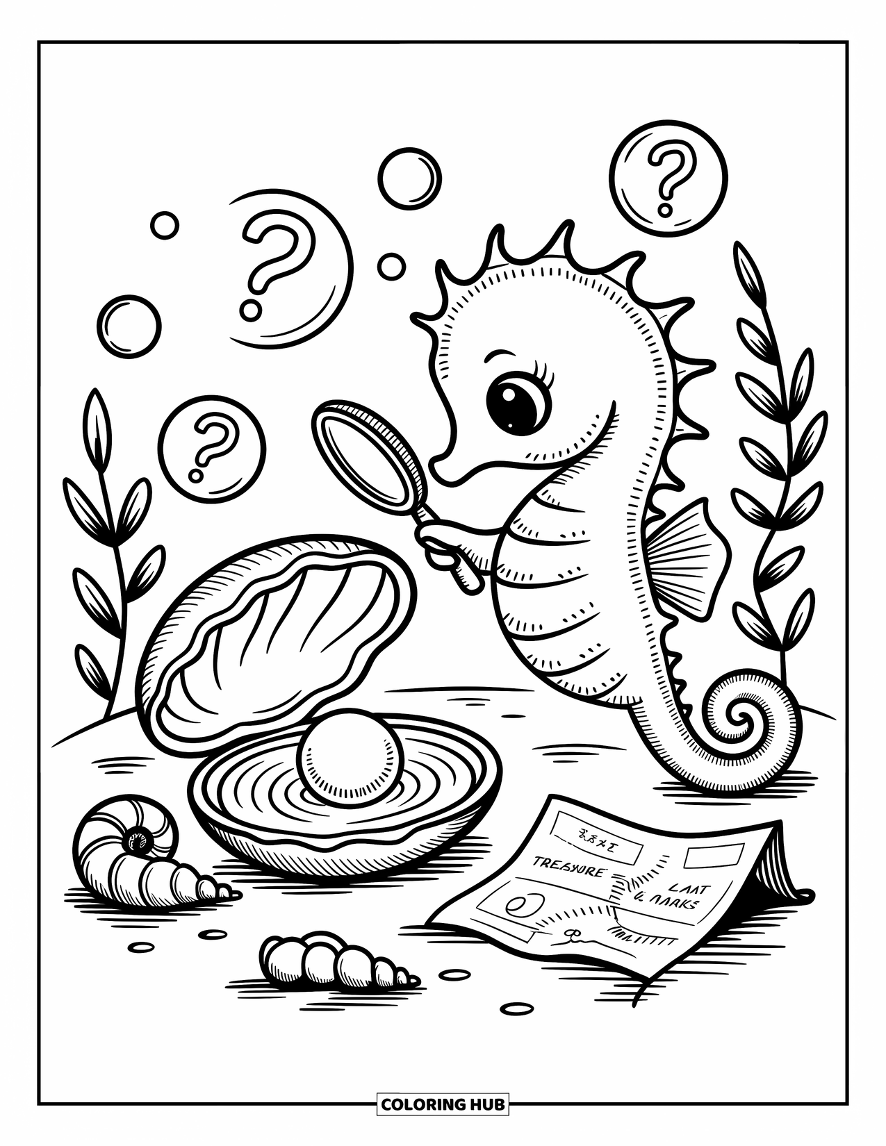 Kolorowanka ze zwierzętami oceanicznymi dla dorosłych: Ciekawy konik morski ogląda perłę małży w pobliżu spiralnych muszli i loków roślinnych