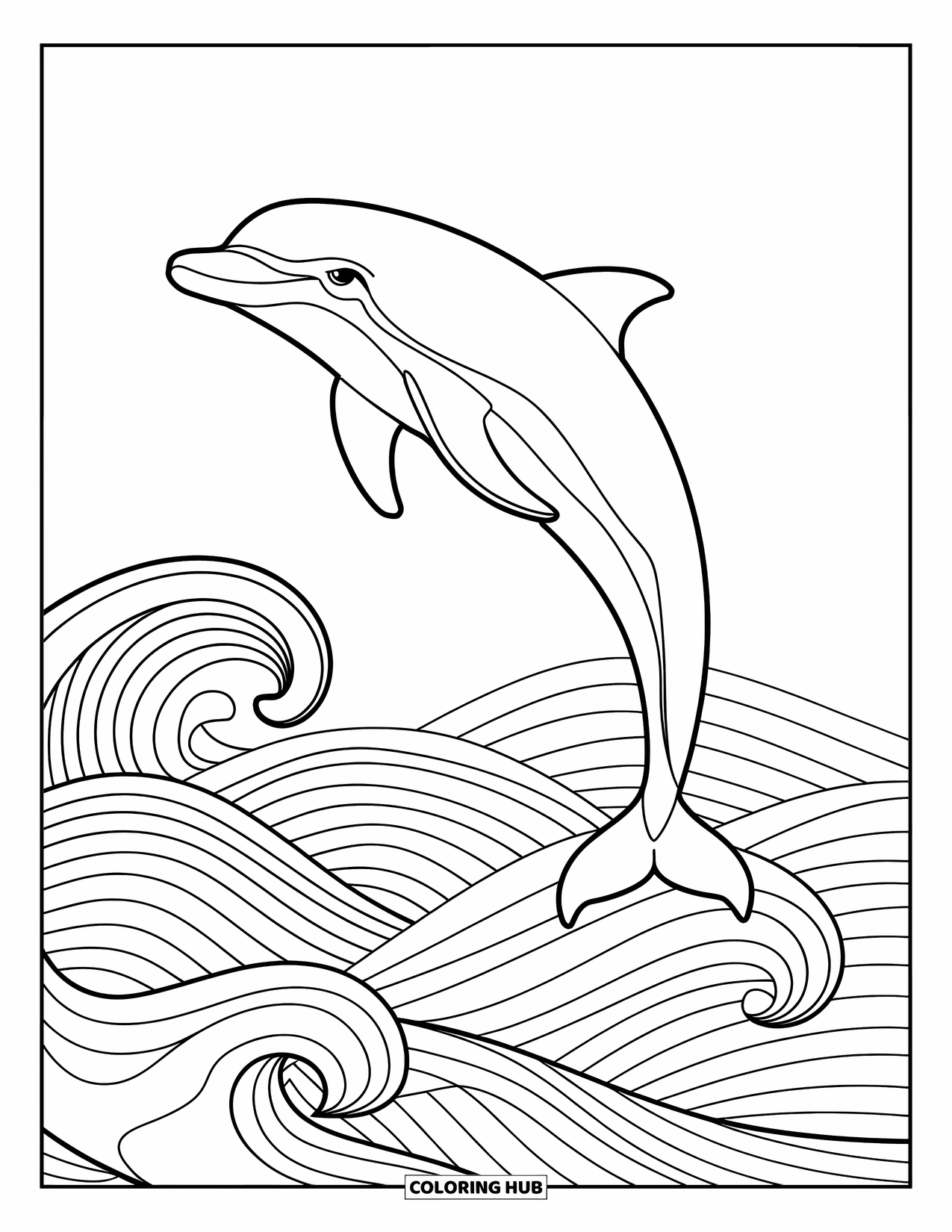 Kolorowanka ze zwierzętami oceanicznymi dla dorosłych: Delfin skacze w powietrzu nad spokojnymi falami z wyraźnymi liniami wody
