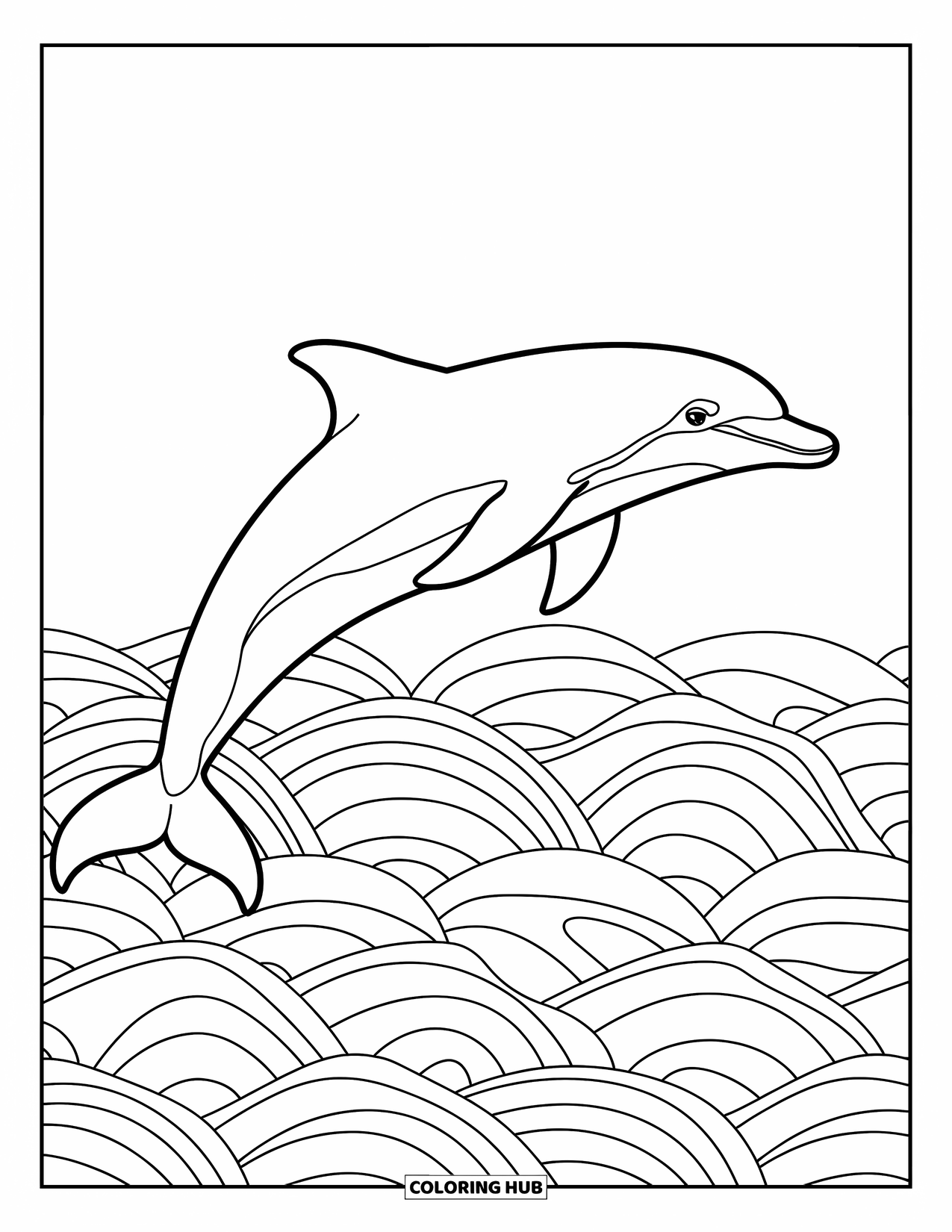 Kolorowanka ze zwierzętami oceanicznymi dla dorosłych: Delfin skacze wysoko nad falującą, wzorzystą wodą