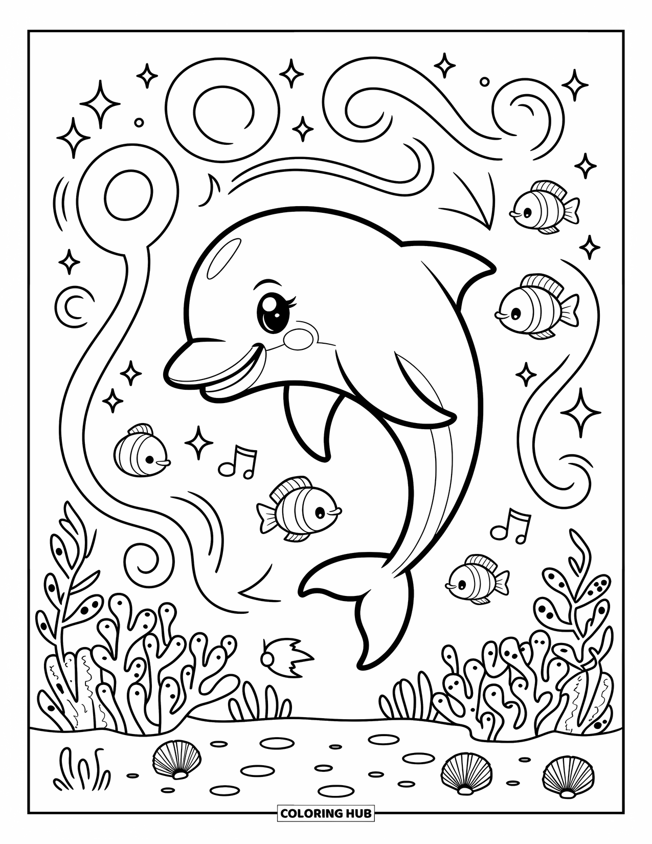Kolorowanka ze zwierzętami oceanicznymi dla dorosłych: Delfin kręci się radośnie, podczas gdy ryby obserwują, a iskierki wirują nad koralowcami
