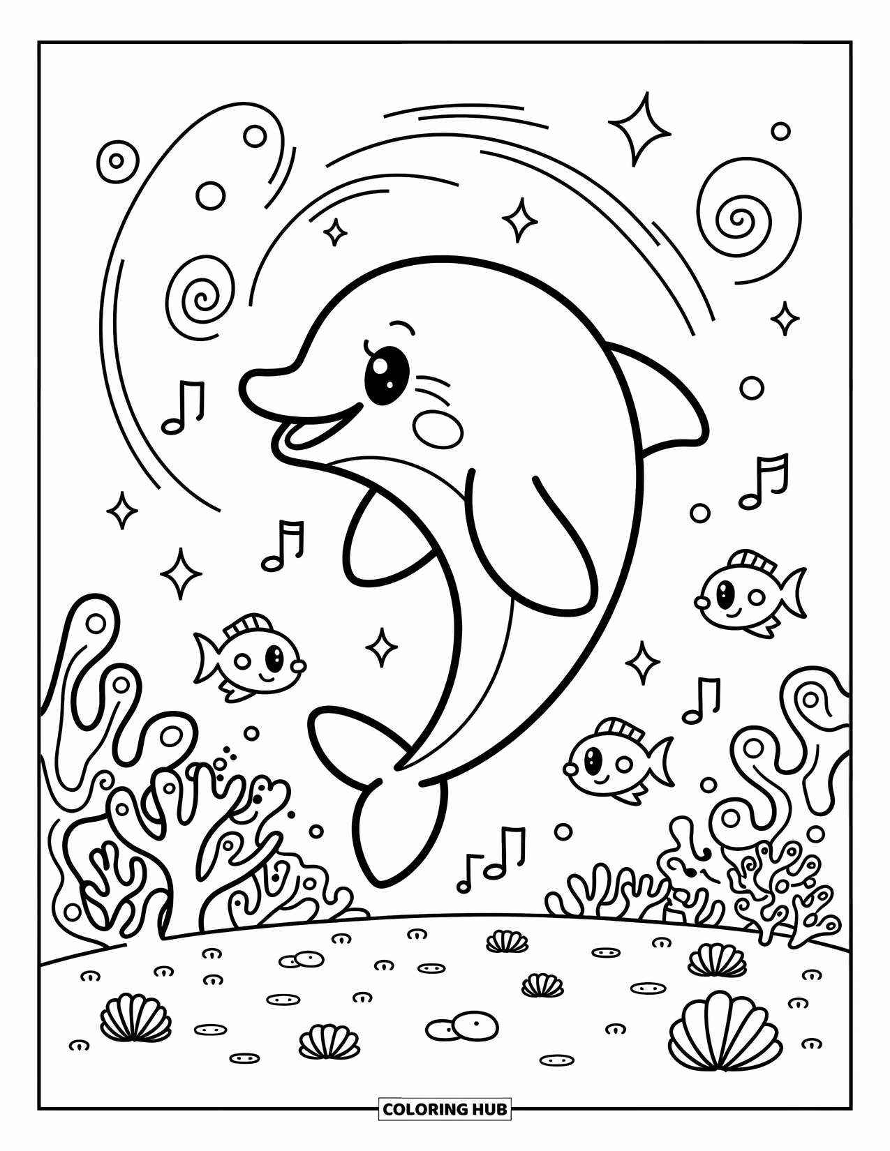 Kolorowanka ze zwierzętami oceanicznymi dla dorosłych: Delfin wiruje w połowie fikołka z muzycznymi iskierkami, a ryby kibicują z dołu