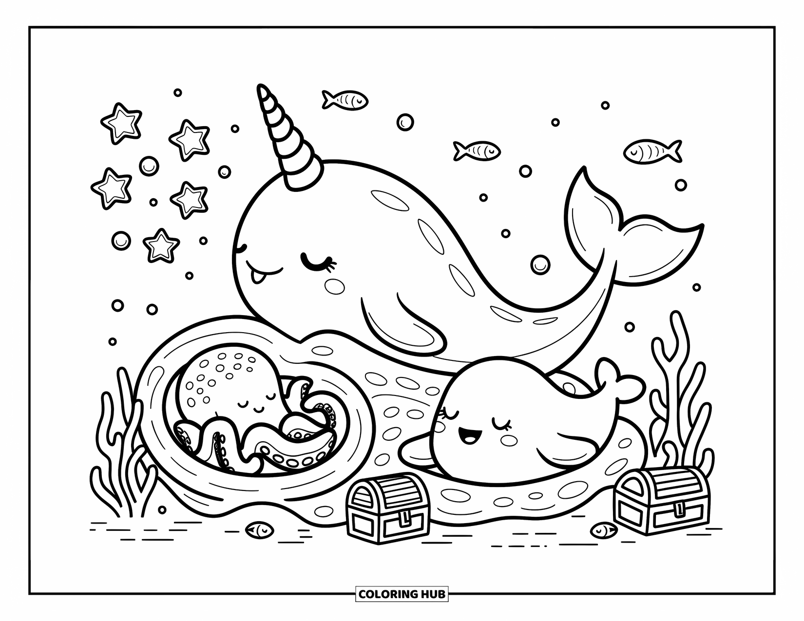 Kolorowanka ze zwierzętami oceanicznymi dla dorosłych: Rozmarzony narwal unosi się w pobliżu świecących gwiezdnych bąbelków z przyjaciółmi i sennymi rybami