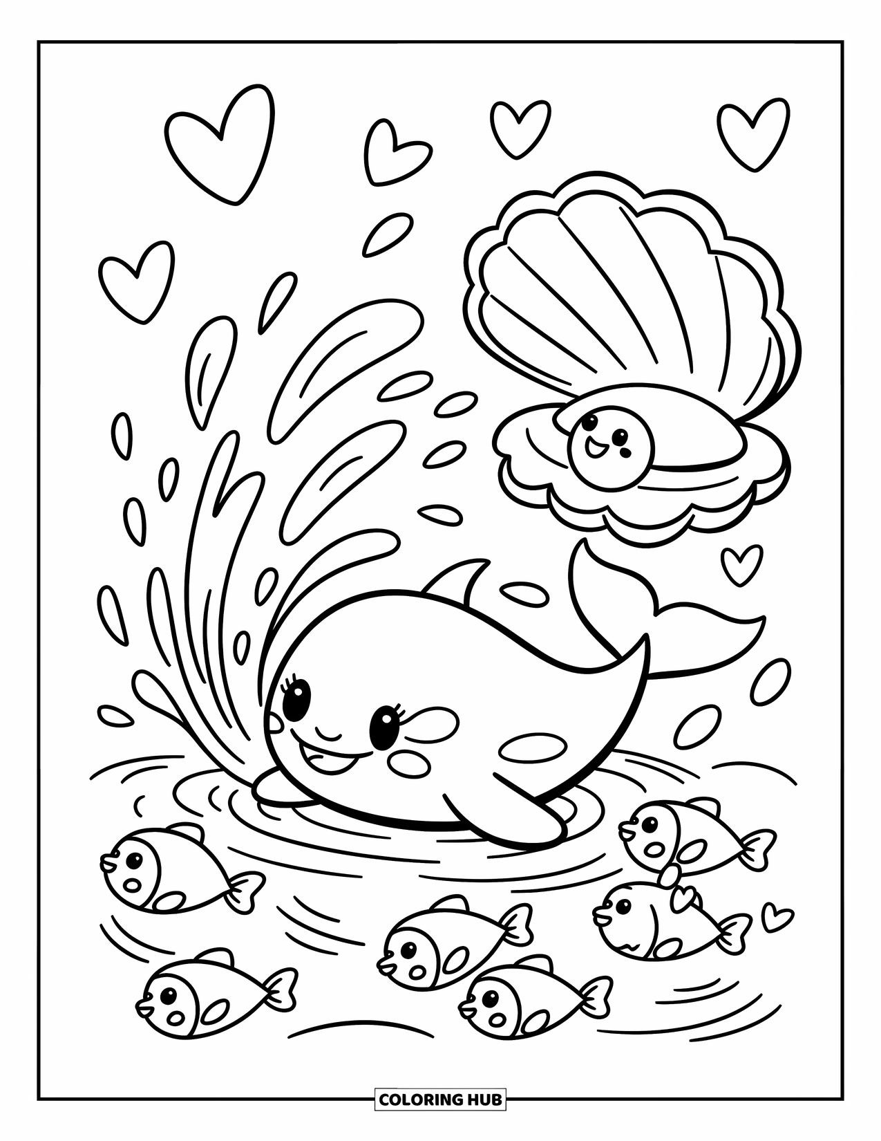 Kolorowanka ze zwierzętami oceanicznymi dla dorosłych: Radosna orka tworzy wiry ogonem, a ryby unikają plusku