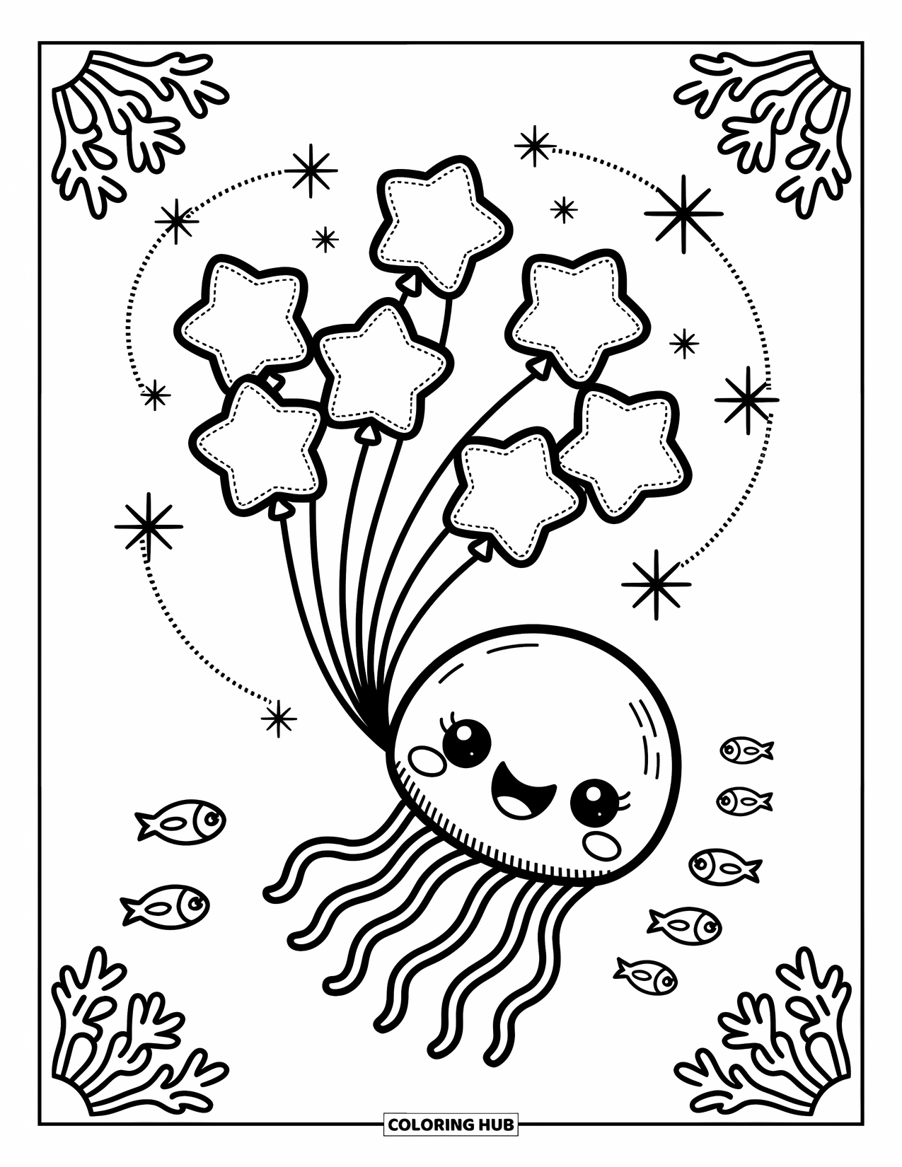 Kolorowanka ze zwierzętami oceanicznymi dla dorosłych: Meduza dryfuje w górę z gwiezdnymi bąbelkami i radośnie podążającymi za nią rybami