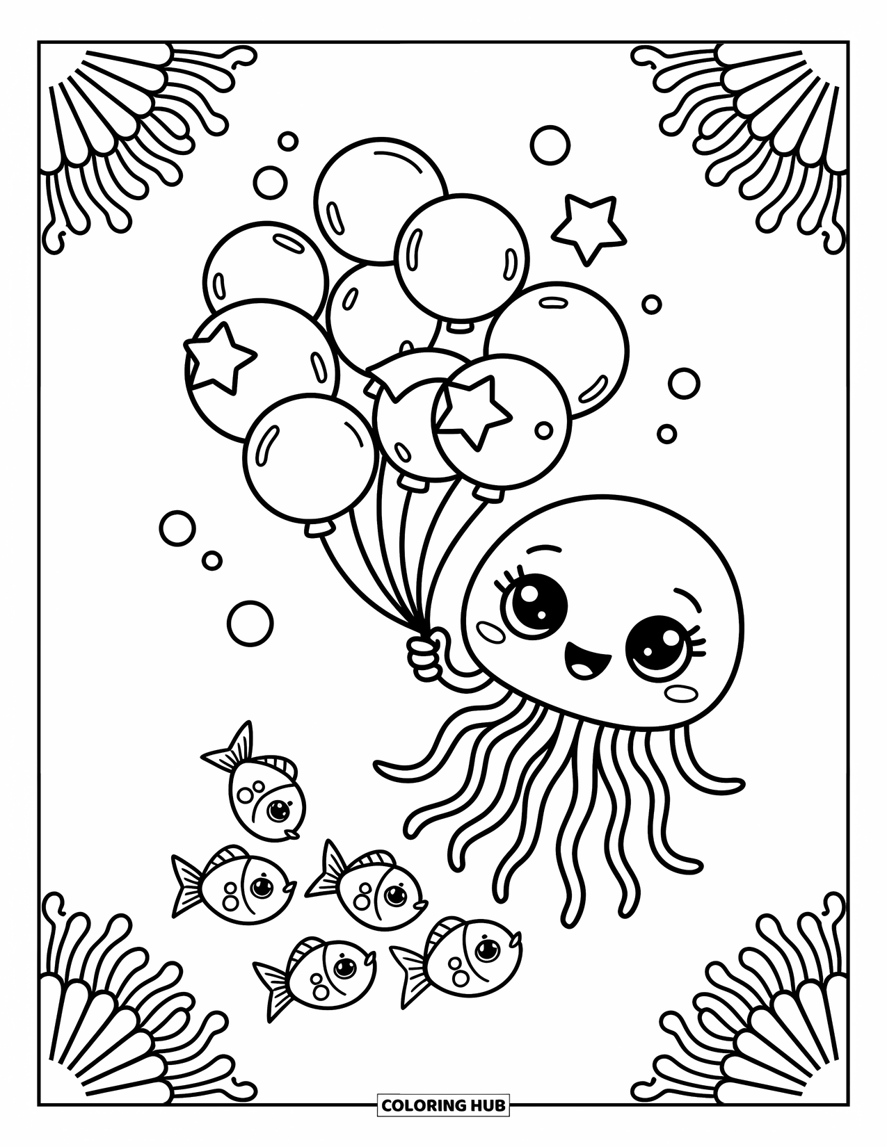 Kolorowanka ze zwierzętami oceanicznymi dla dorosłych: Meduza unosi się w górę, trzymając gwiezdne bąbelki, a za nią podążają figlarne ryby