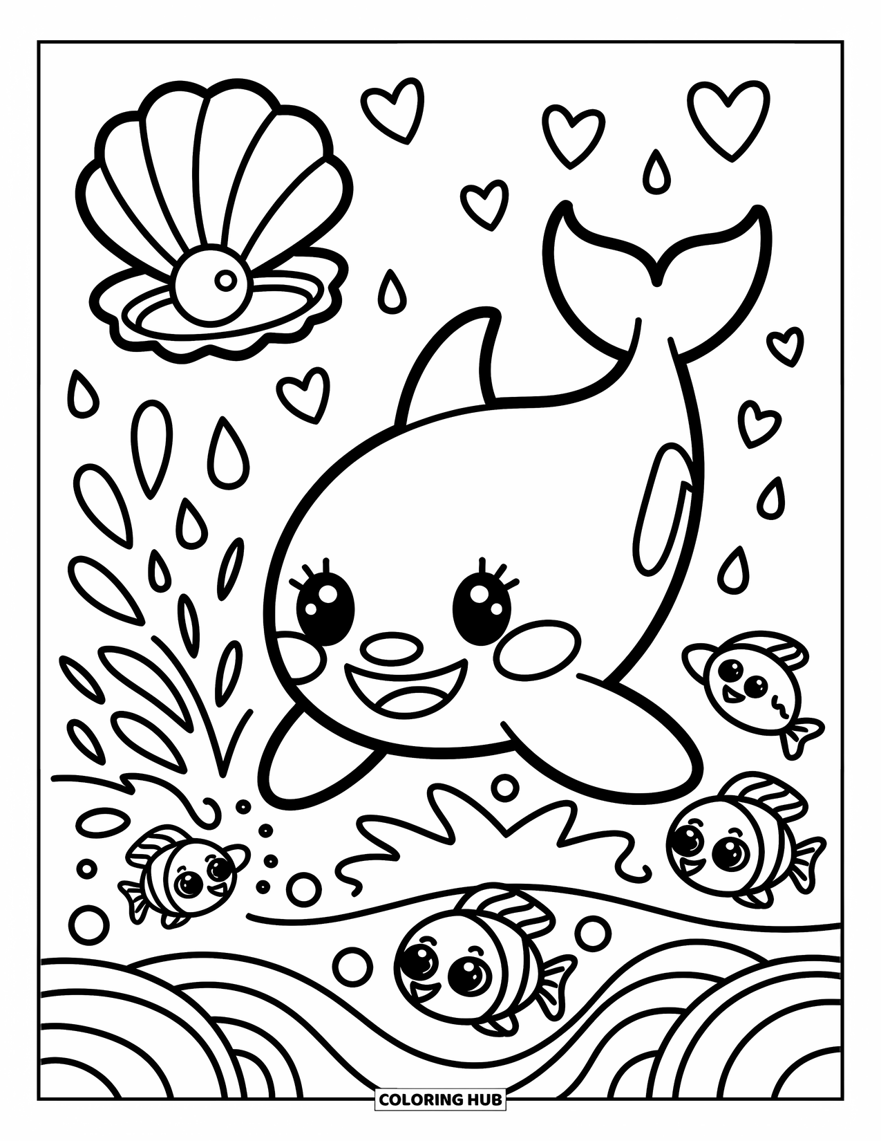 Kolorowanka ze zwierzętami oceanicznymi dla dorosłych: Radosna orka bawi się, a bąbelki w kształcie serc i ryby wirują w falach
