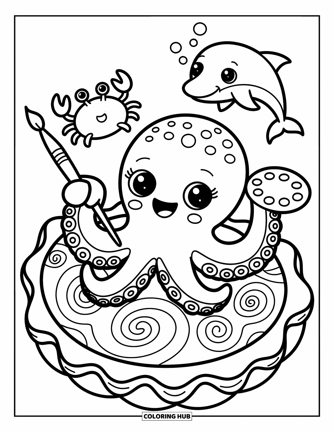 Kolorowanka ze zwierzętami oceanicznymi dla dorosłych: Malująca ośmiornica dodaje zawijasy do muszli, podczas gdy krab i delfin dopingują