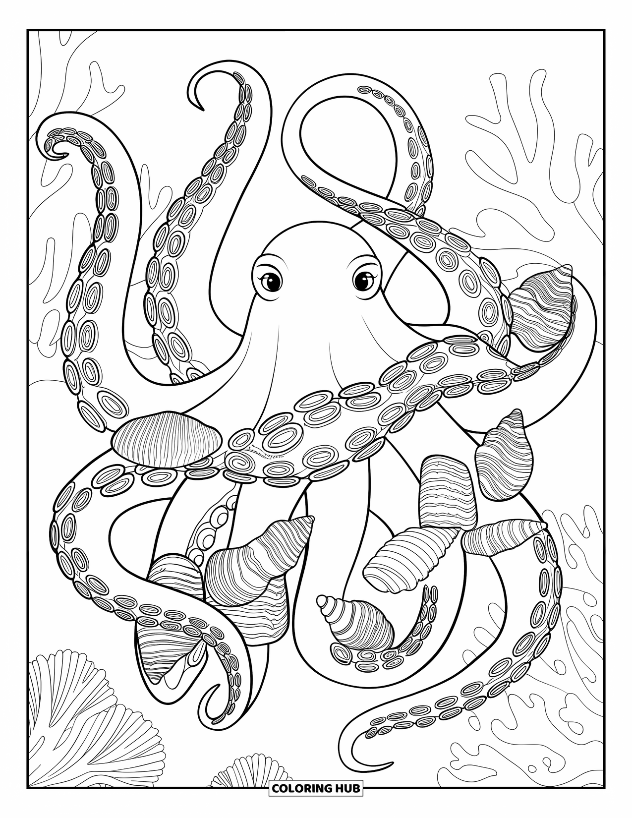 Kolorowanka ze zwierzętami oceanicznymi dla dorosłych: Wzorzysta ośmiornica rozciąga ramiona wokół muszelek i koralowców w morzu