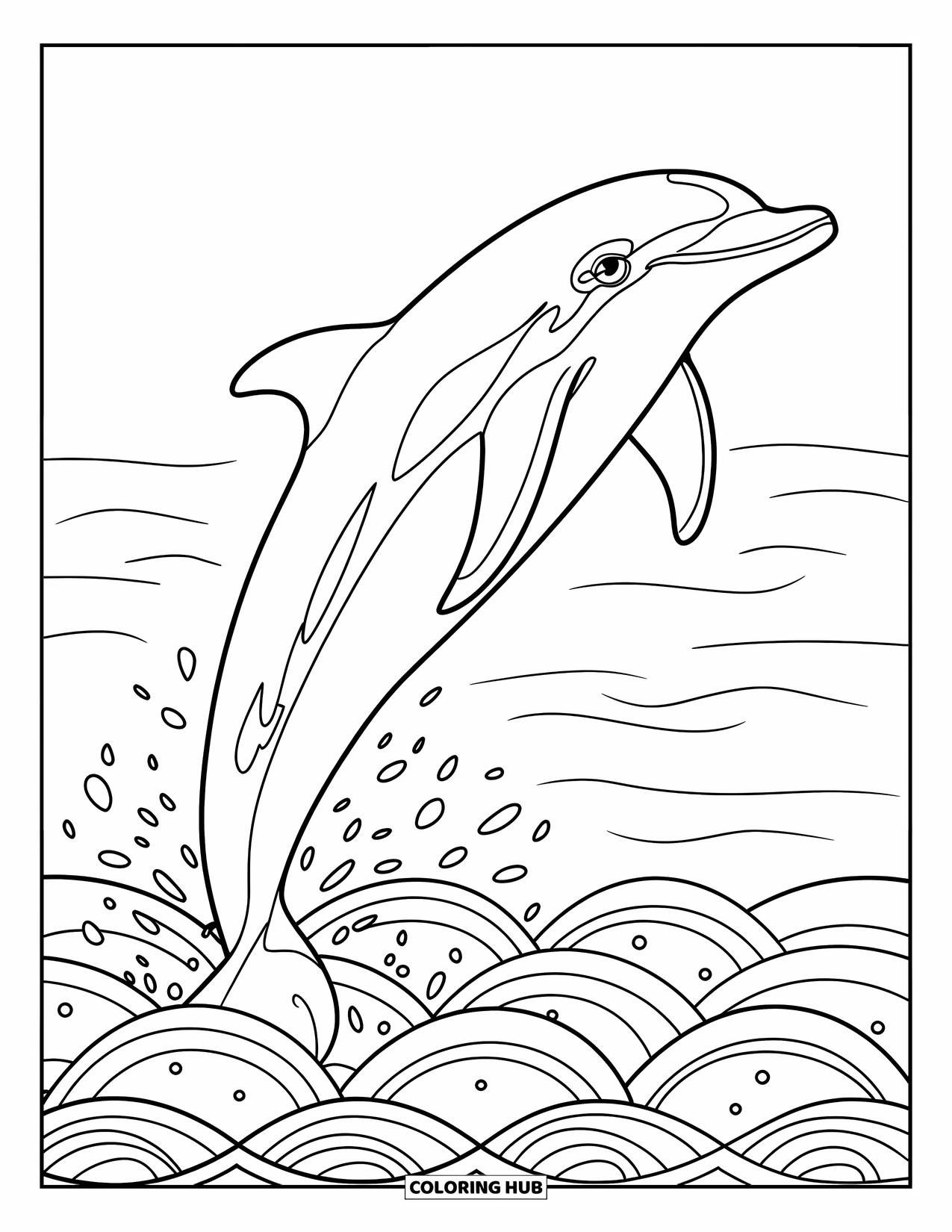 Kolorowanka ze zwierzętami oceanicznymi dla dorosłych: Figlarny delfin skacze nad wodą i pluska się w pobliżu fal