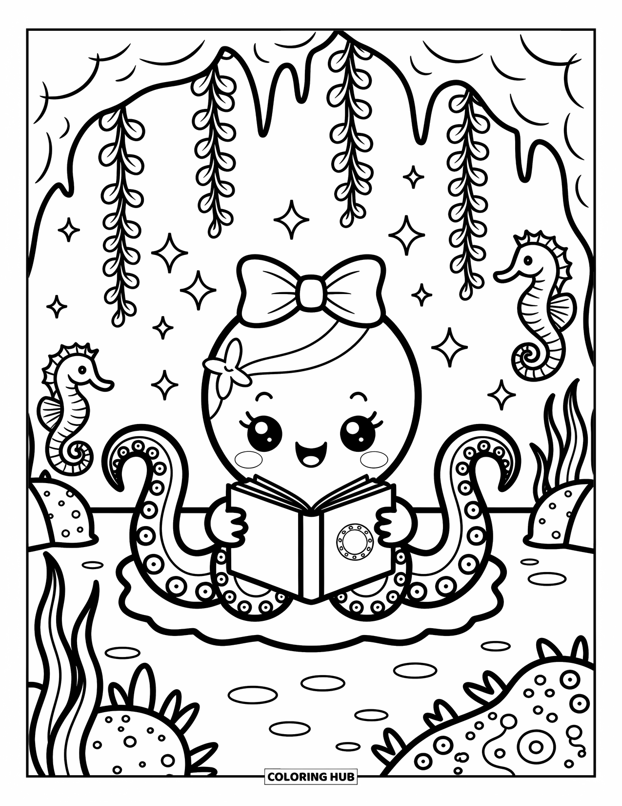 Kolorowanka ze zwierzętami oceanicznymi dla dorosłych: Czytająca ośmiornica siedzi w udekorowanej jaskini z kwiatami, iskierkami i konikami morskimi