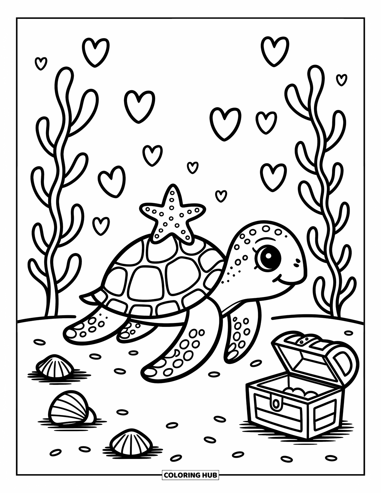 Kolorowanka ze zwierzętami oceanicznymi dla dorosłych: Żółw morski szybuje z rozgwiazdą na grzbiecie w pobliżu muszelek i wodorostów