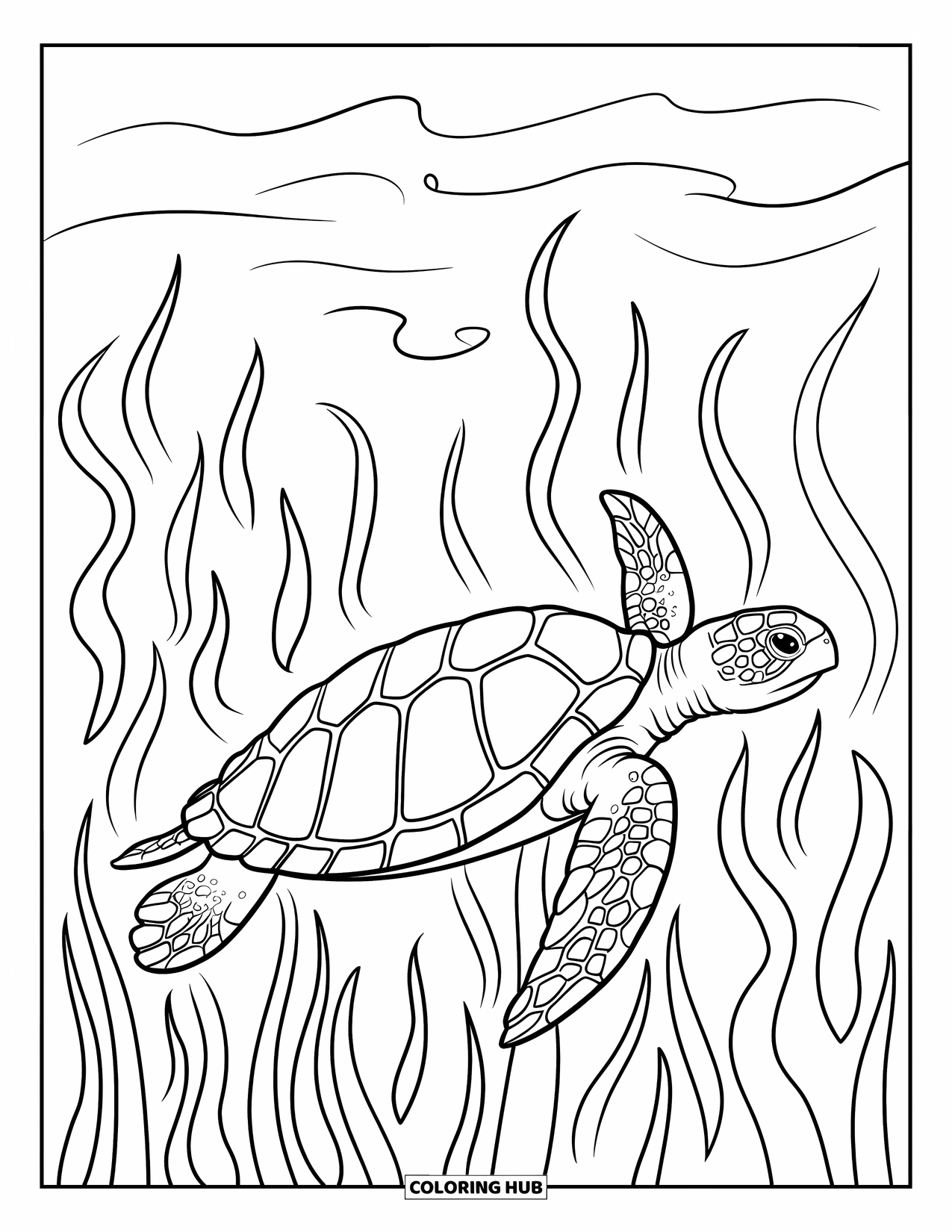 Kolorowanka ze zwierzętami oceanicznymi dla dorosłych: Żółw morski spokojnie pływa wśród falujących wodorostów