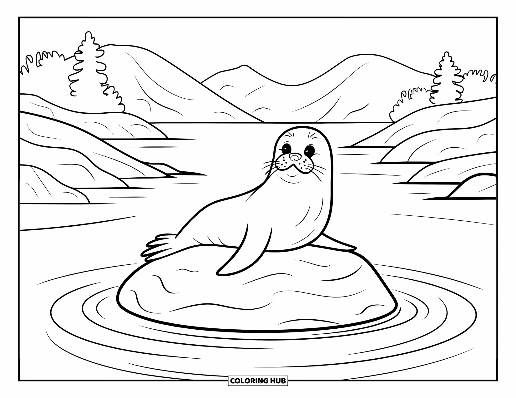Kolorowanka ze zwierzętami oceanicznymi dla dorosłych: Foka leży na skale w spokojnej wodzie z drzewami i górami dookoła