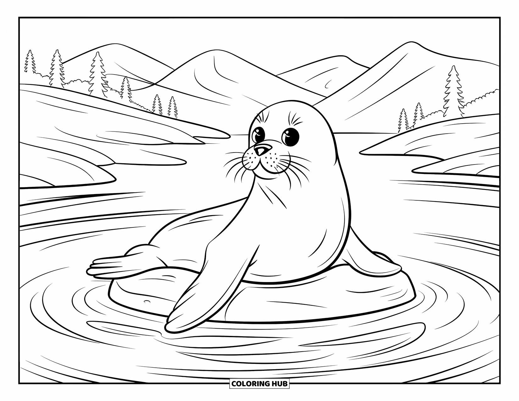 Kolorowanka ze zwierzętami oceanicznymi dla dorosłych: Foka wyleguje się na skale z wirującą wodą i spokojnymi górami w pobliżu