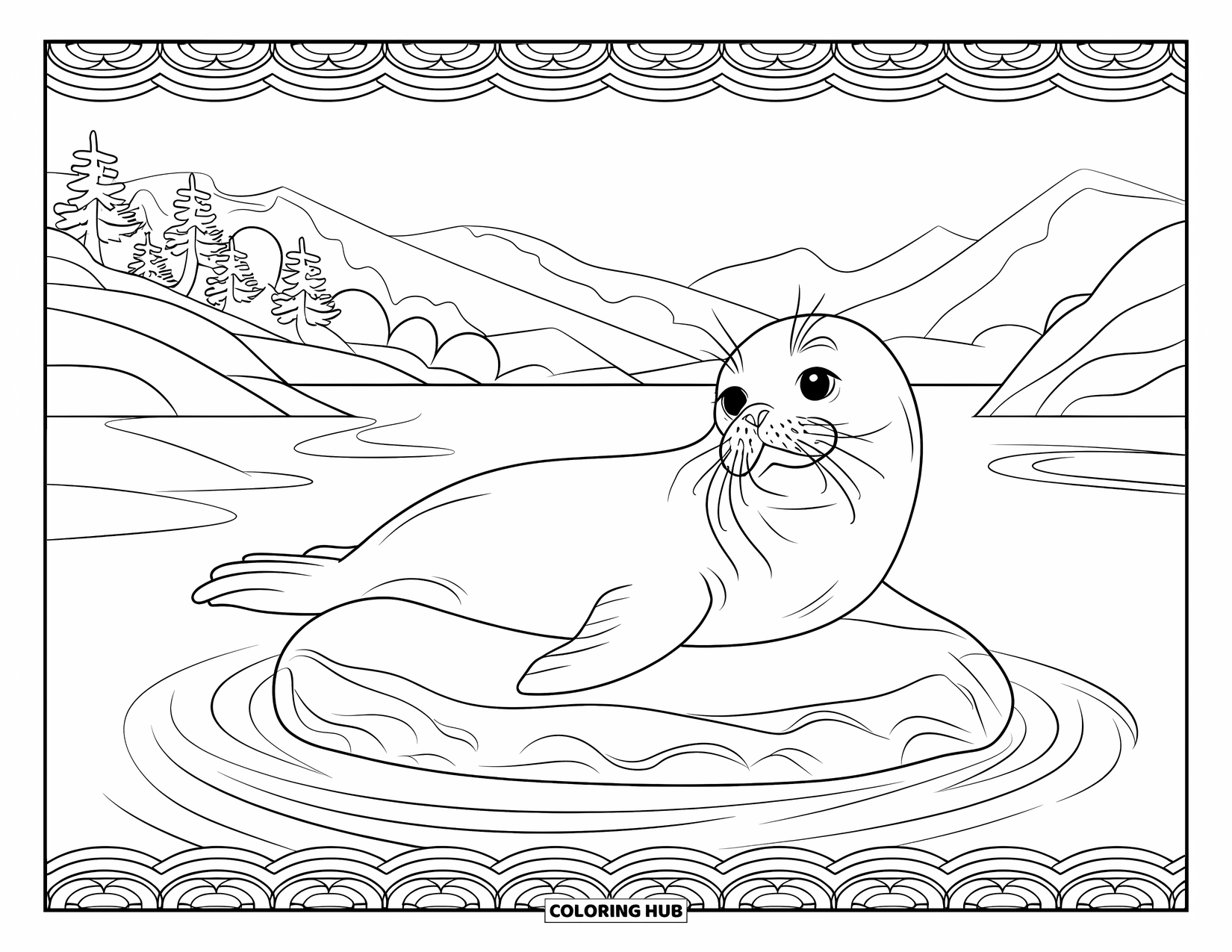 Kolorowanka ze zwierzętami oceanicznymi dla dorosłych: Foka odpoczywa na skale otoczonej wirującą wodą i widokami na góry