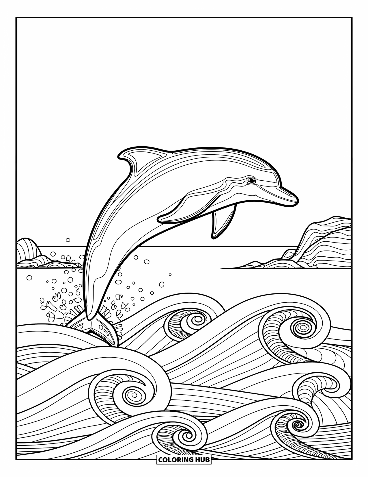 Kolorowanka ze zwierzętami oceanicznymi dla dorosłych: Elegancki delfin skacze nad spokojnymi wzorzystymi falami i skałami