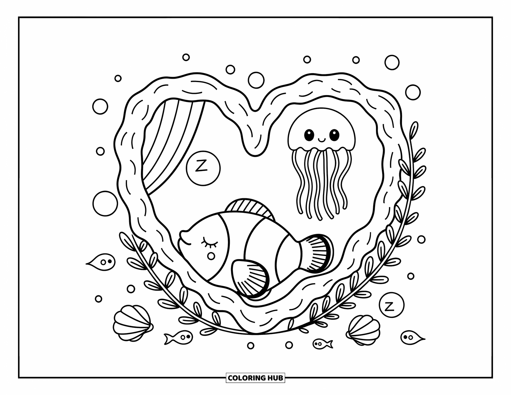 Kolorowanka ze zwierzętami oceanicznymi dla dorosłych: Senna ryba ucina sobie drzemkę w koralowcu ze światłem meduzy i zasłonami z wodorostów powyżej