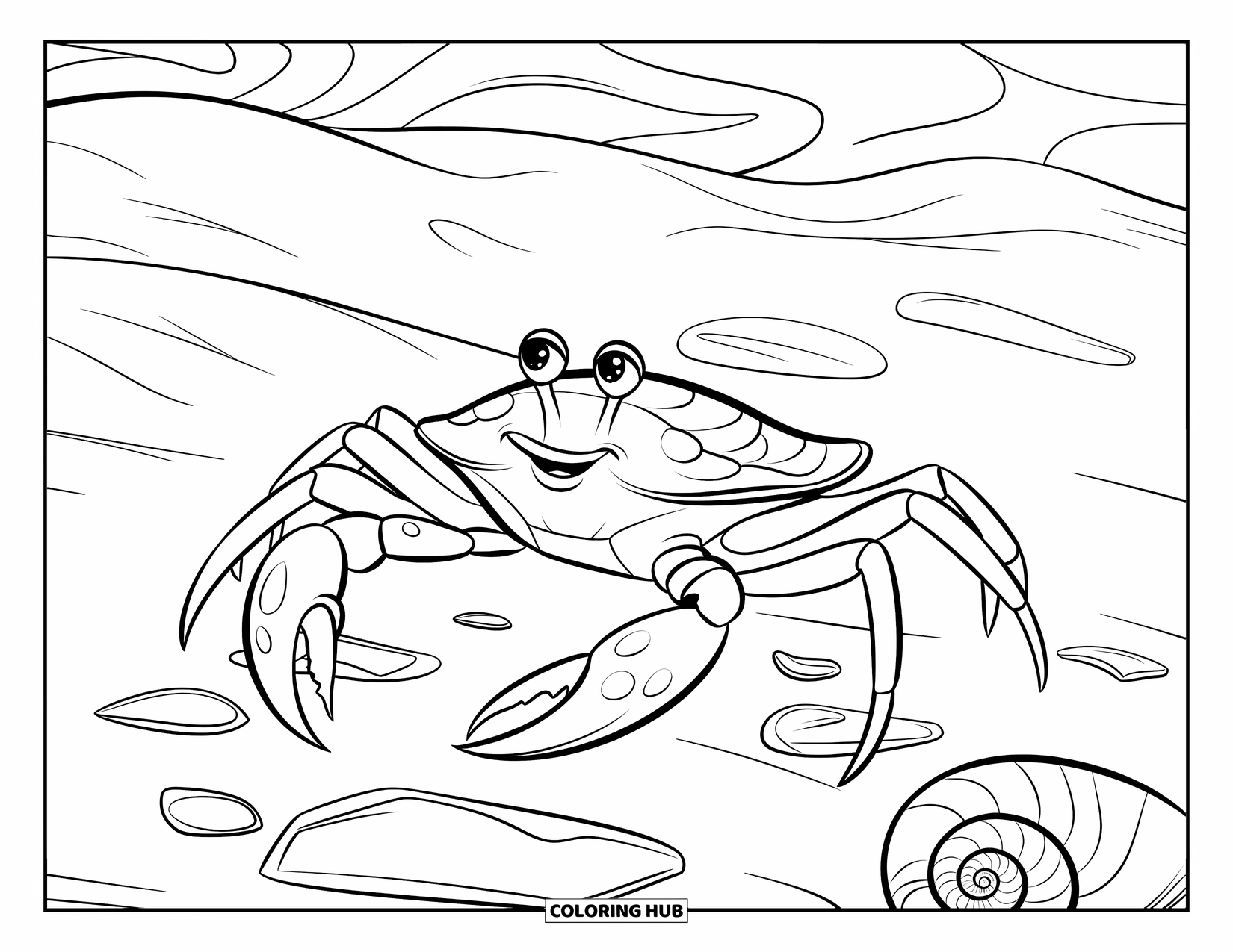 Kolorowanka ze zwierzętami oceanicznymi dla dorosłych: Uśmiechnięty krab spaceruje po piaszczystym dnie z falami i muszelkami wokół