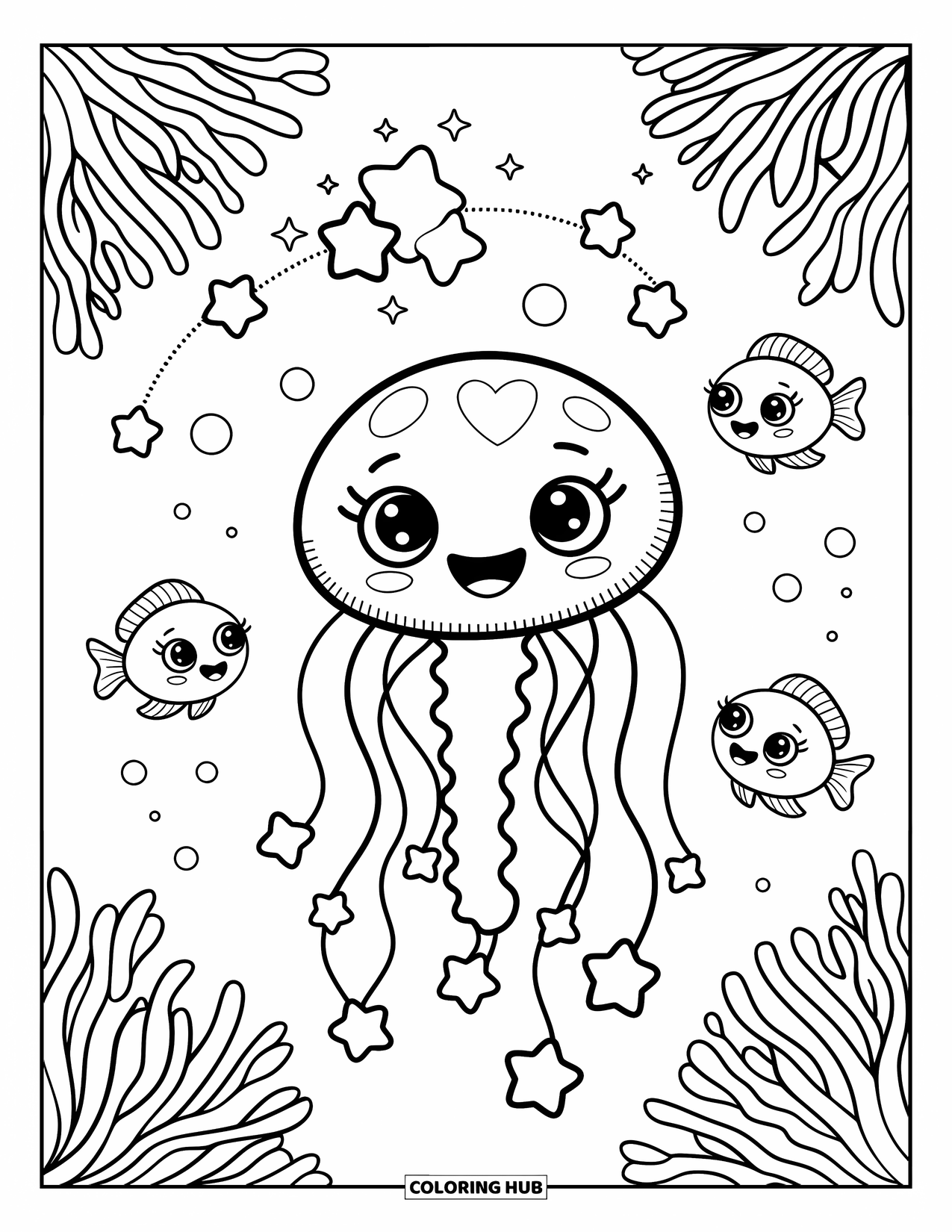 Kolorowanka ze zwierzętami oceanicznymi dla dorosłych: Uśmiechnięta meduza trzyma gwiezdne bąbelki jak balony, a ryby wirują wokół