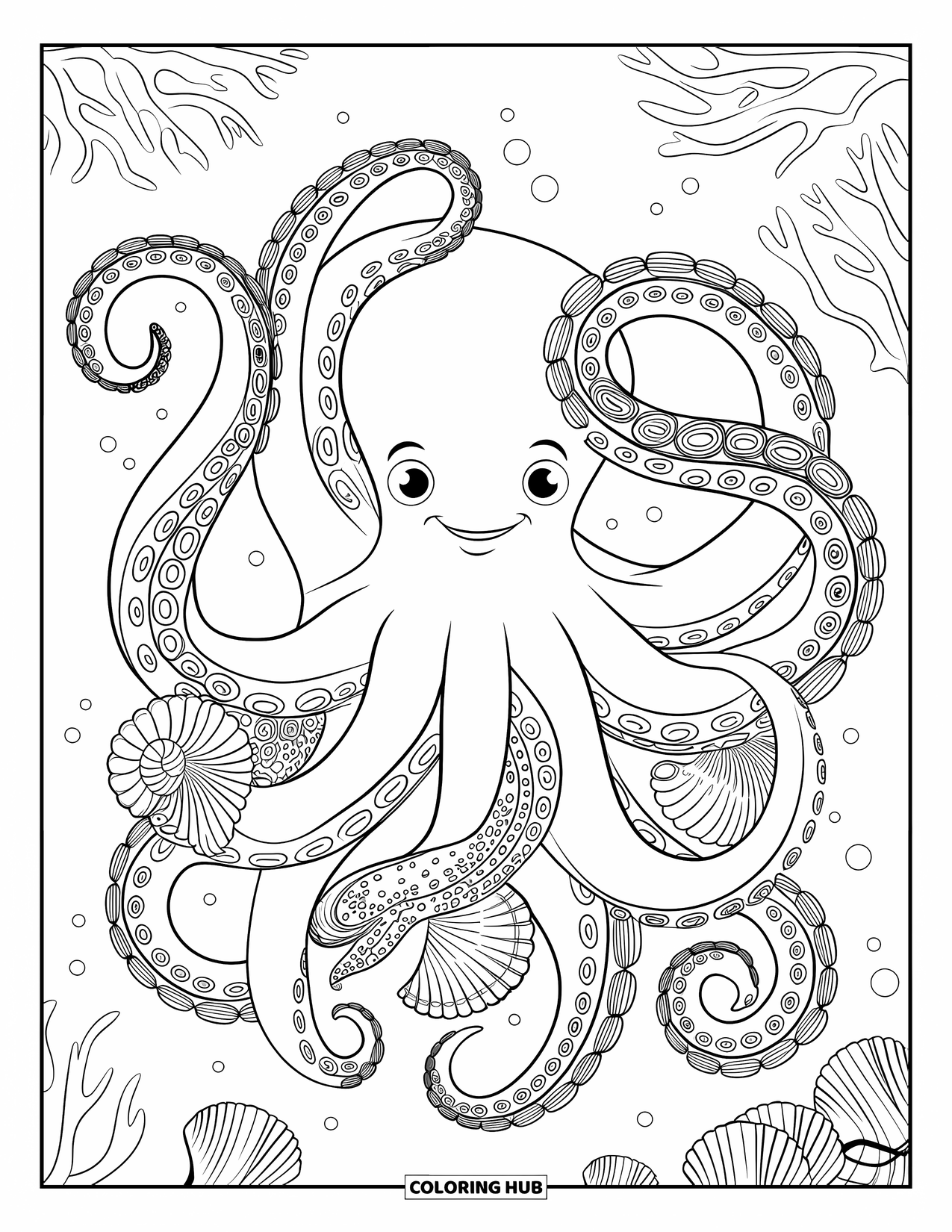 Kolorowanka ze zwierzętami oceanicznymi dla dorosłych: Uśmiechnięta ośmiornica owija swoje zakręcone macki wokół muszelek i koralowych gałęzi