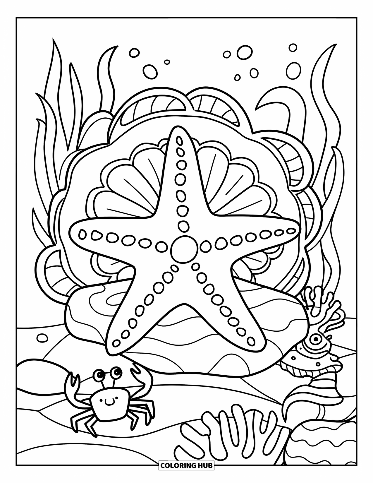 Kolorowanka ze zwierzętami oceanicznymi dla dorosłych: Rozgwiazda z wieloma ramionami relaksuje się w pobliżu stworzeń morskich i koralowców