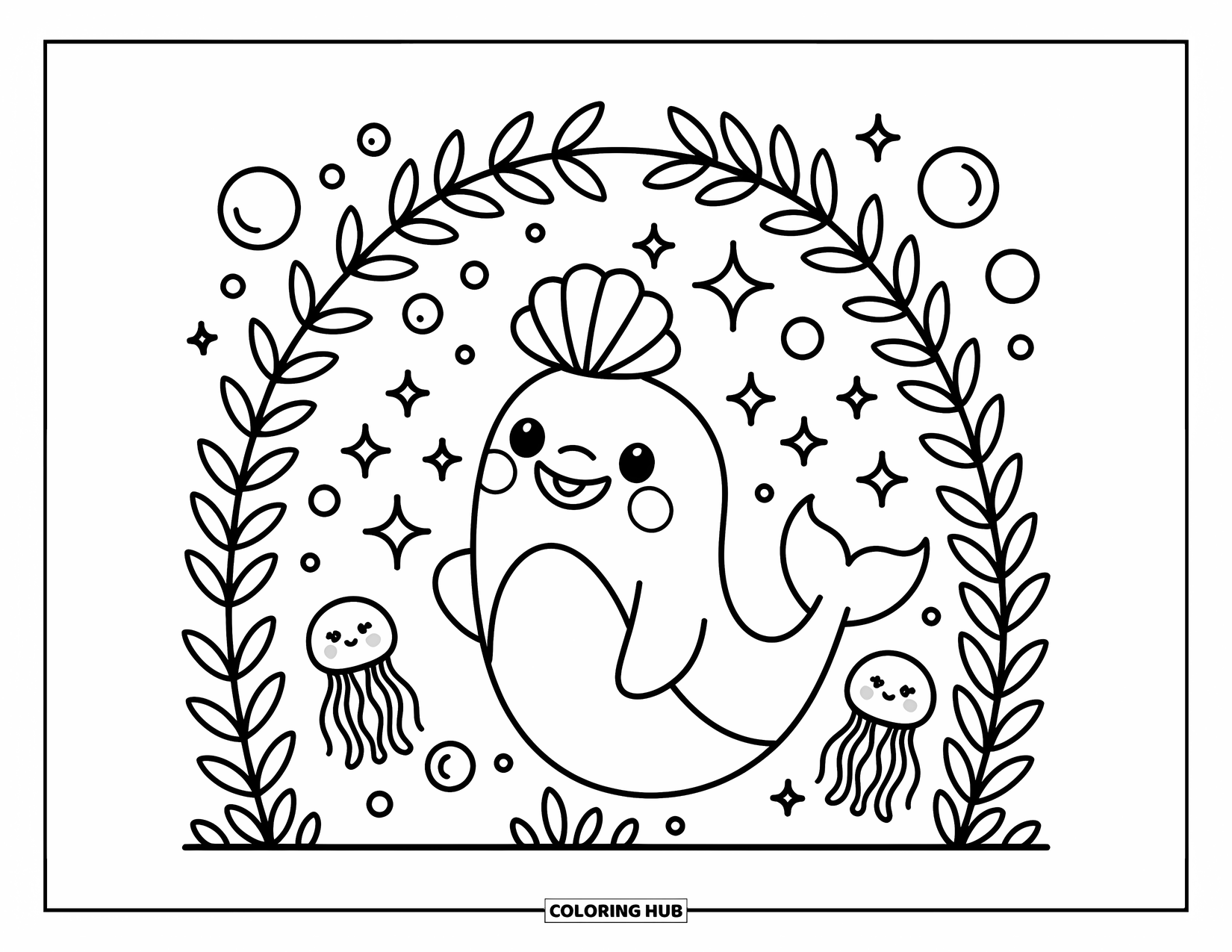 Kolorowanka ze zwierzętami oceanicznymi dla dorosłych: Słodka bieługa balansuje muszelkową koroną, podczas gdy bąbelki wirują, a meduzy unoszą się w pobliżu